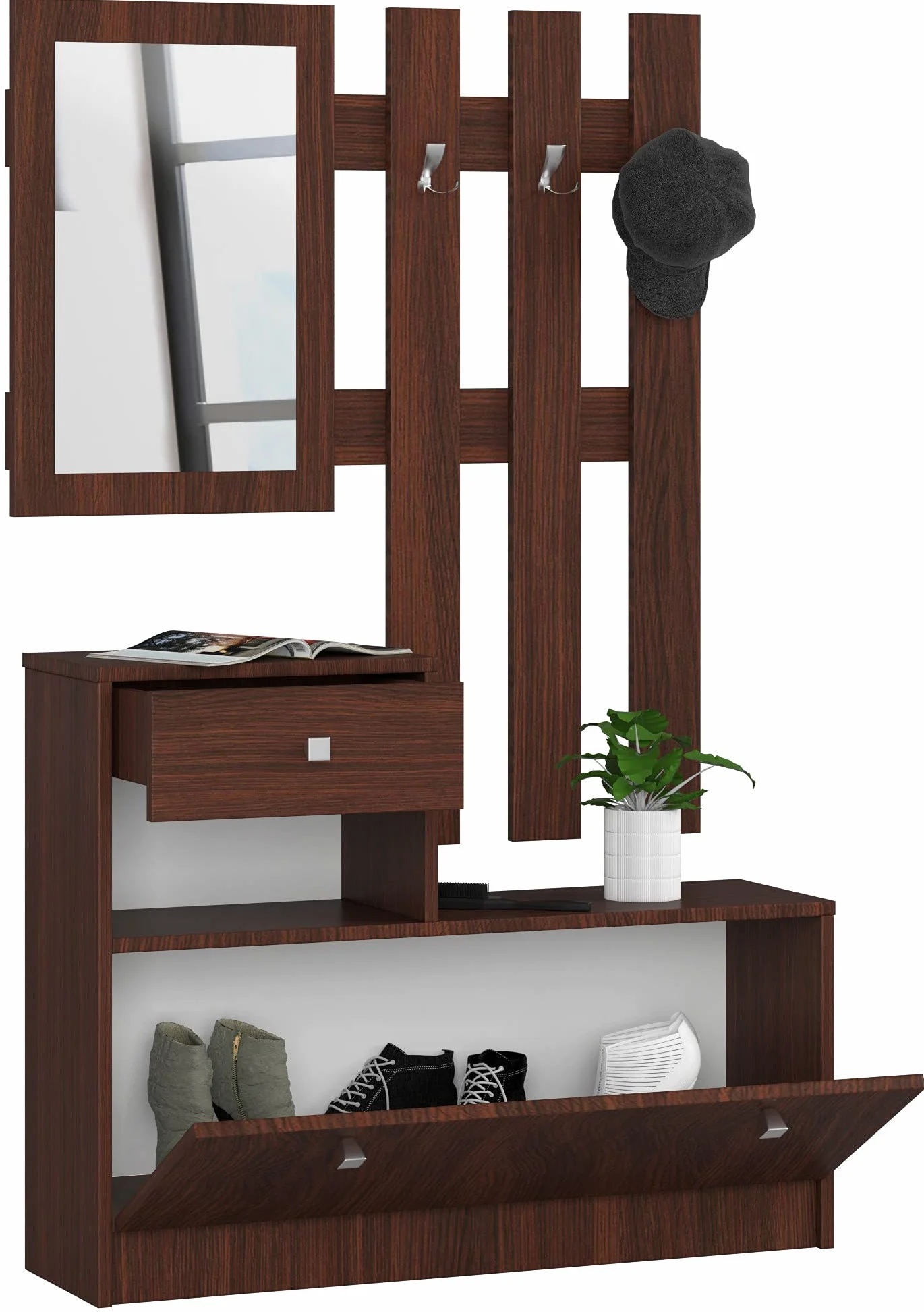 AKORD | Guardaroba Completo 2 Pezzi | Scarpiera con Piano e Cassetto 90 x 70 x 25 cm | e Appendiabiti a Muro con Specchio 90 x 100 cm | Set Completo Ingresso | Peso 39 kg | Wenge
