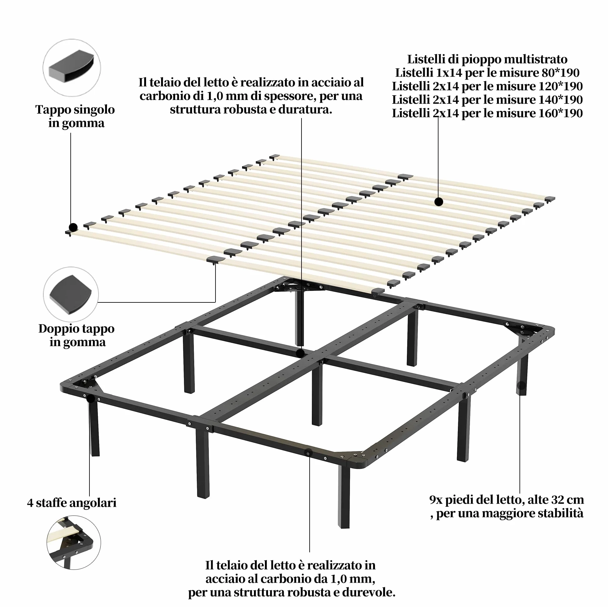 TEENO Rete Letto Matrimoniale 160x190 a Doghe in Legno,con 9 Gambe e 2x14 File di Doghe,Alto Sotto Letto 32 cm per Ampio Spazio di Archiviazione,Adatta a Tutti i Tipi di Materassi,Stile Moderno