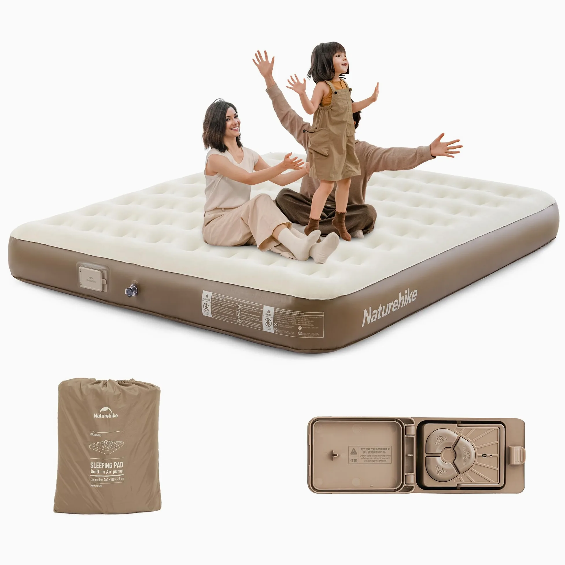 Naturehike Materasso Gonfiabile Triplo con Pompa Integrata Ricaricabile - 200x180x25cm Letto Gonfiabile Autogonfiante per Campeggio e Ospiti - Materassino Campeggio Portatile e Stabile a Lungo Termine