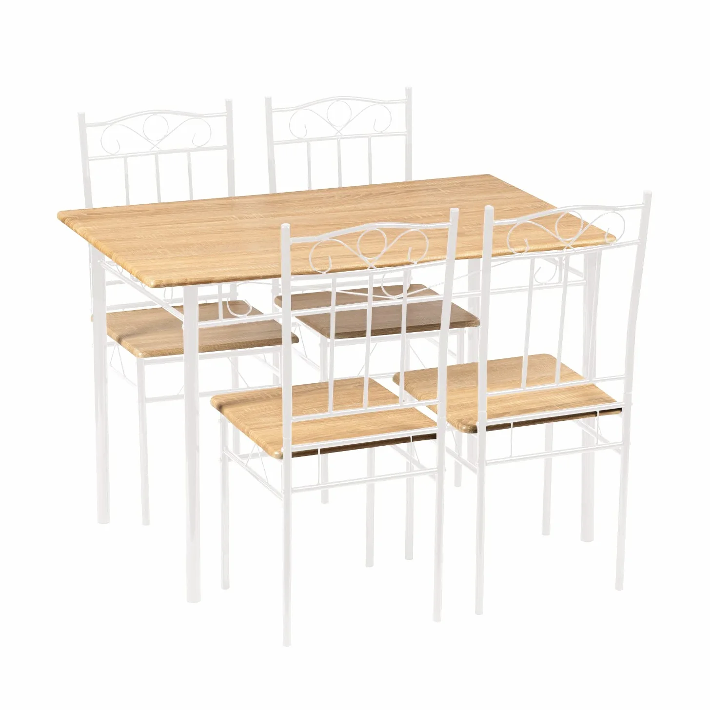 Tavolo da Pranzo con 4 Sedie, Moderno Venature di Faggeto Set Sala da Pranzo, Gamba in Metallo Bianco, Adatto a sala da Pranzo, Cucina e Soggiorno