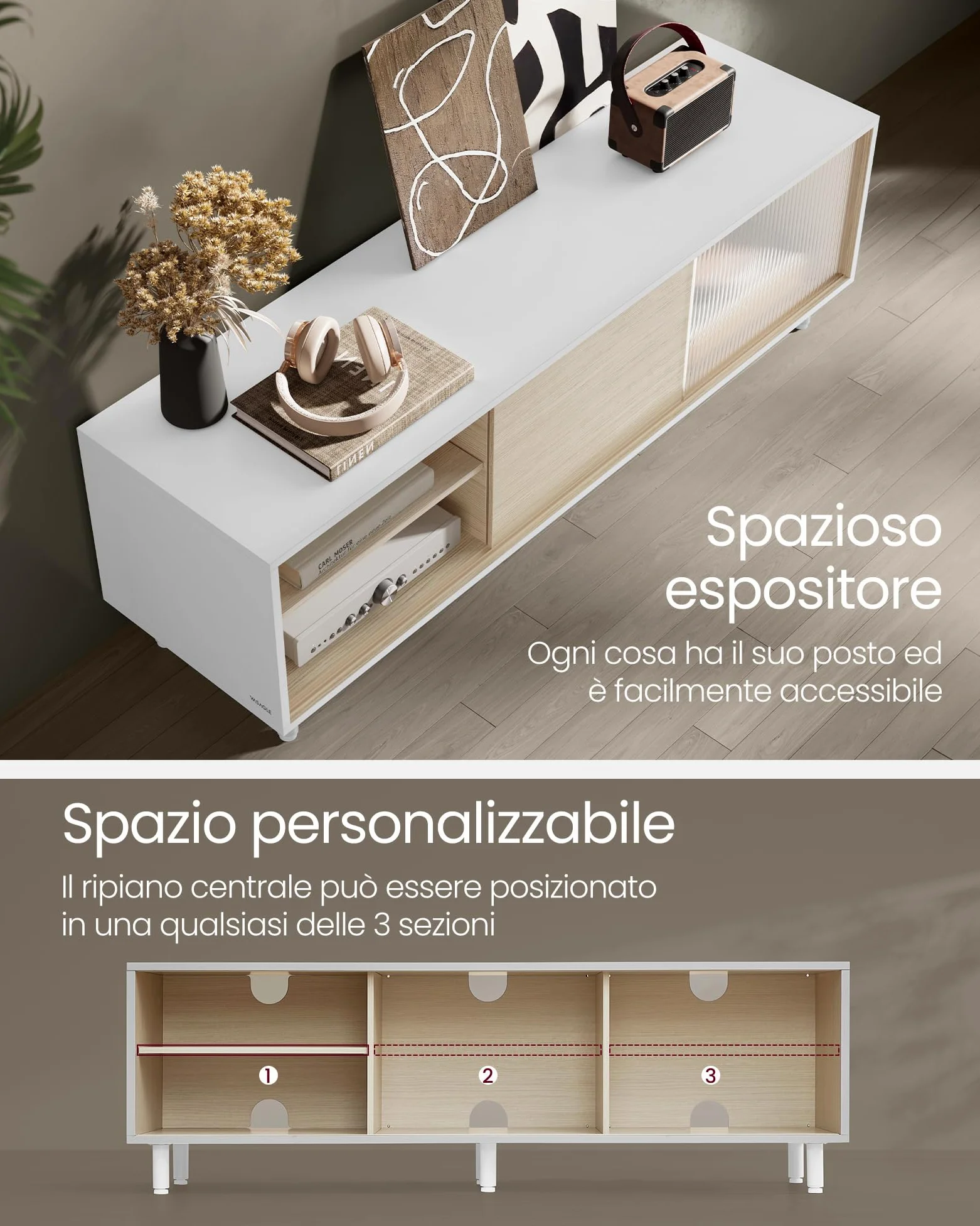 VASAGLE Mobile TV per Televisore fino a 32/45/50/55/60 Pollici, Montaggio Rapido Senza Attrezzi Toolless, per Soggiorno, Vetro Scanalato, Moderno, 140 x 39 x 45 cm, Bianco LTV466W01