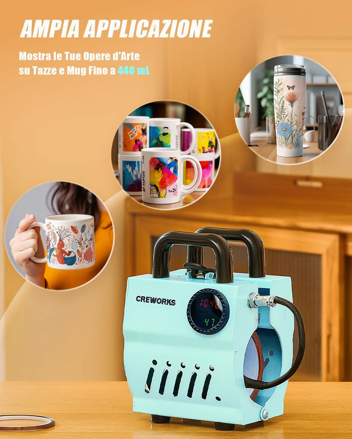 CREWORKS Pressa a Caldo per Tazze 265-440 ml Mini Pressa Tazze per Sublimazione Termopressa per Tazze Portatile con LCD Controllo della Manopola Tempo e Temperatura Regolabile per Bicchieri Tazze