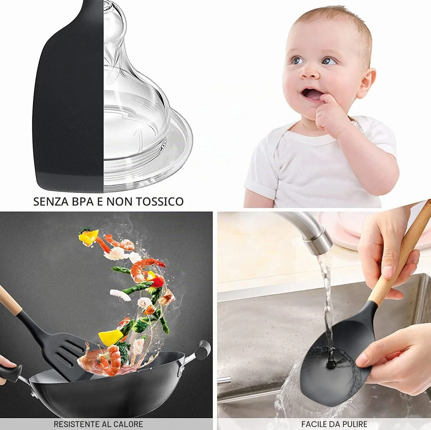 Set di 34 utensili da cucina in silicone, resistenti al calore, con manici in acciaio inossidabile di alta qualità, per cucinare e cuocere, spatole antiaderenti, utensili da cucina (nero)