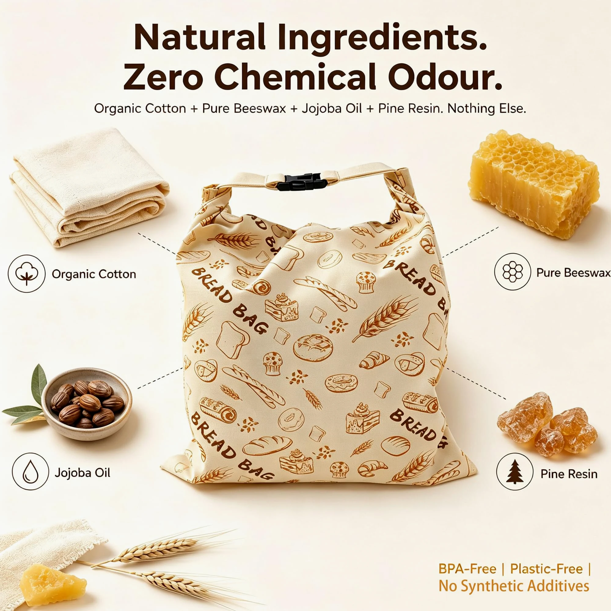 Sacchetti per pane in cera d'api riutilizzabili in cotone biologico per pane fatto in casa, 43 x 33 cm, in cera d'api naturale, ecologici, di grandi dimensioni, con cerniera, per pasta madre