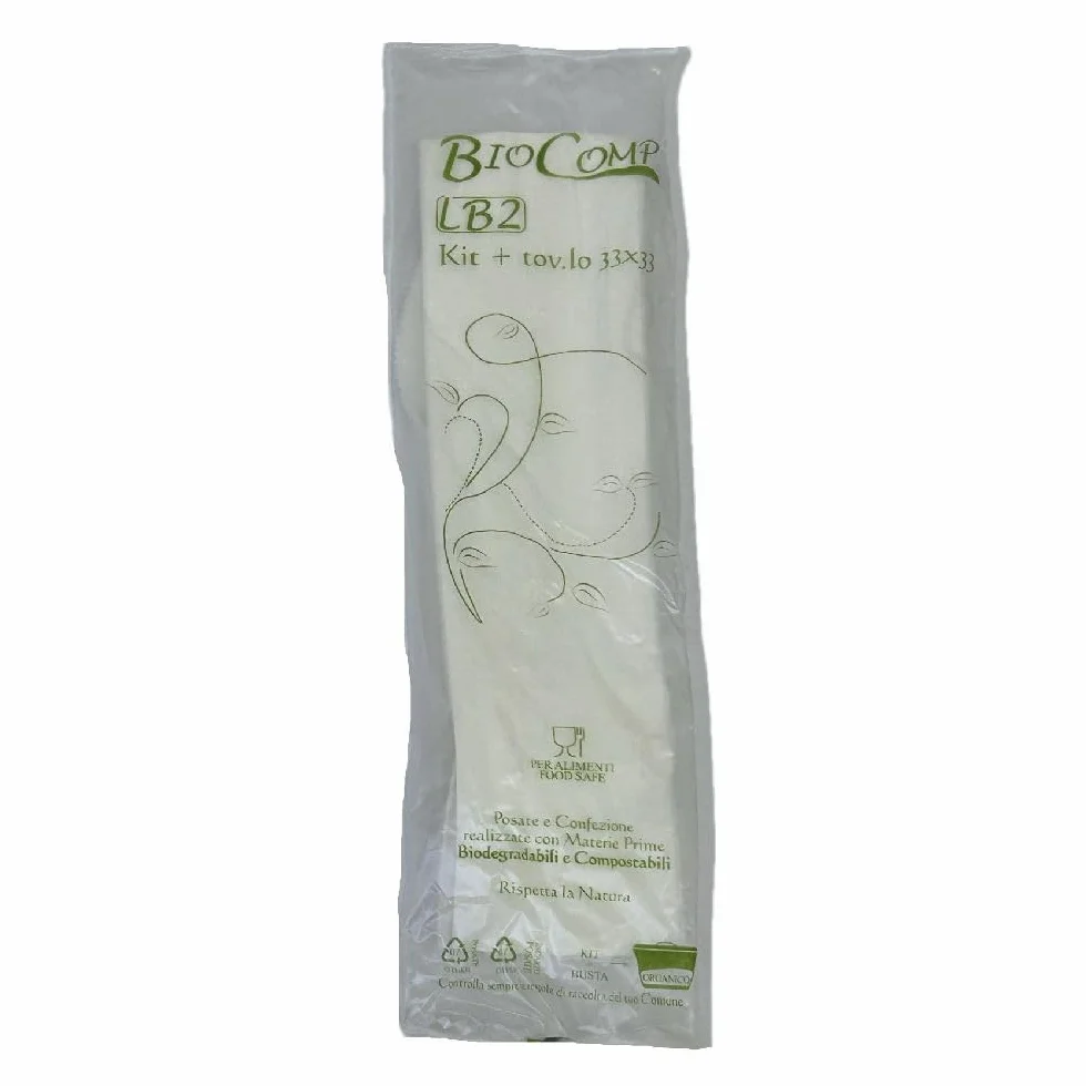 BIS DI POSATE IMBUSTATE CON TOVAGLIOLO 100 PEZZI SET BIANCO Monouso Biodegradabili Compostabili