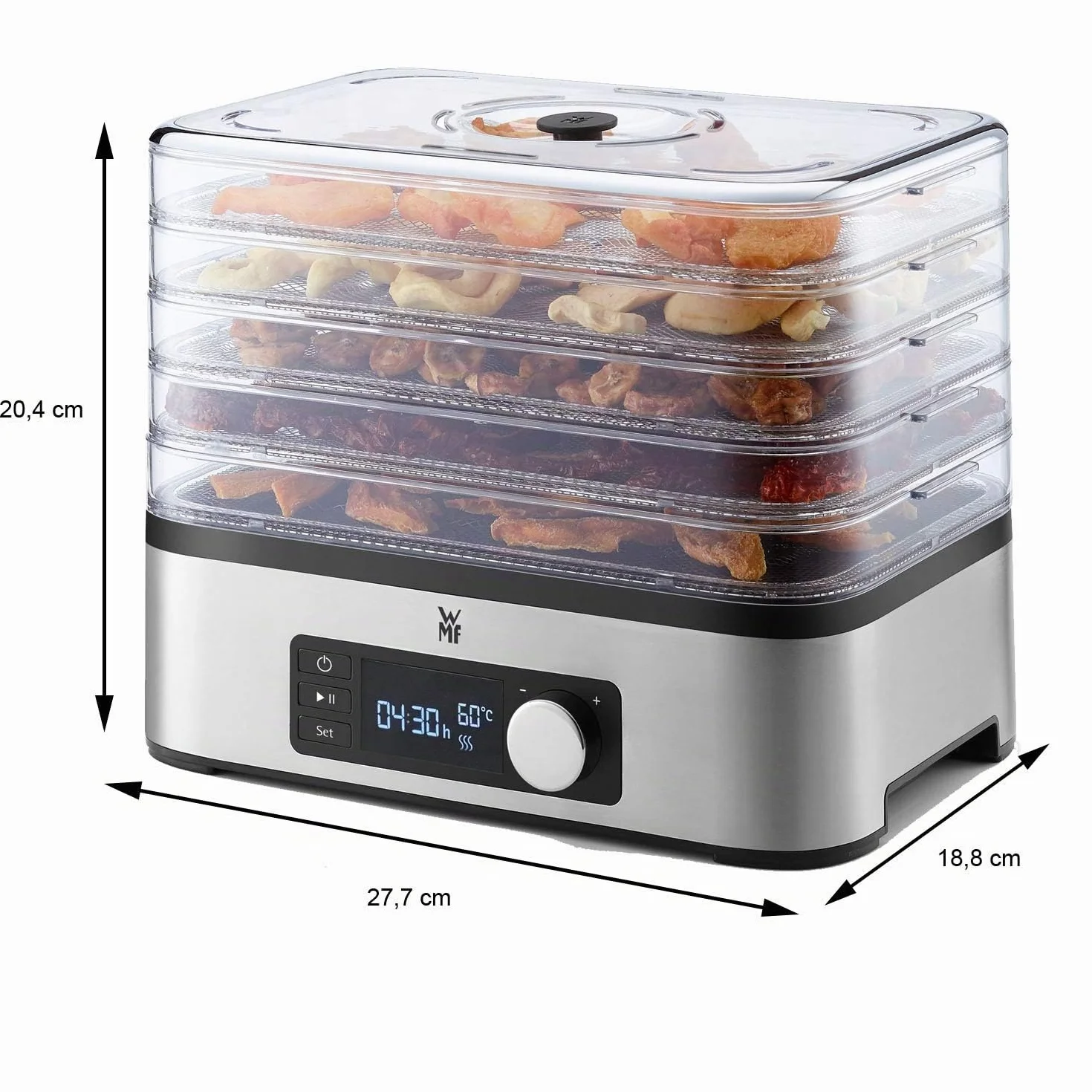 WMF KitchenMinis Essiccatore Compatto Snack to Go, in Acciaio Cromargan con 5 Griglie di Essicazione in Tritan, Sistema Silenzioso, Essicatore con Display LCD e Timer Programmabile, Dim. 28 x19x21 cm