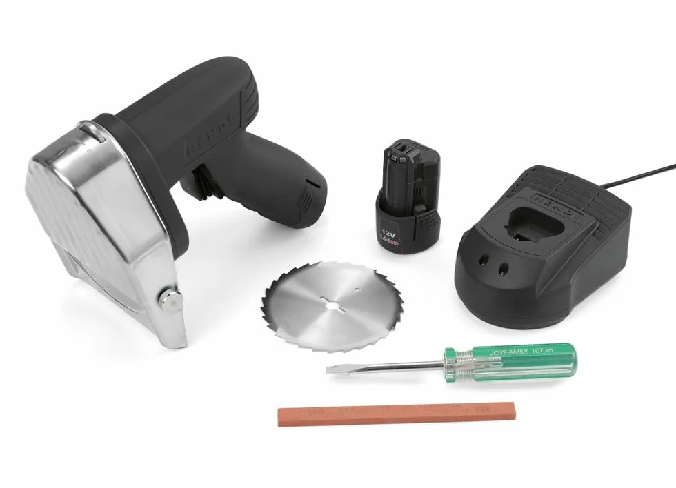 HENDI Coltello elettrico a batteria per kebab, shawarma, gyros, spessore di taglio regolabile 0-8mm, lama: 2600 rpm, 2 batterie 2000mAh, 80W, 60kg/h, 230V, 199x125x(H) 184mm, acciaio inox