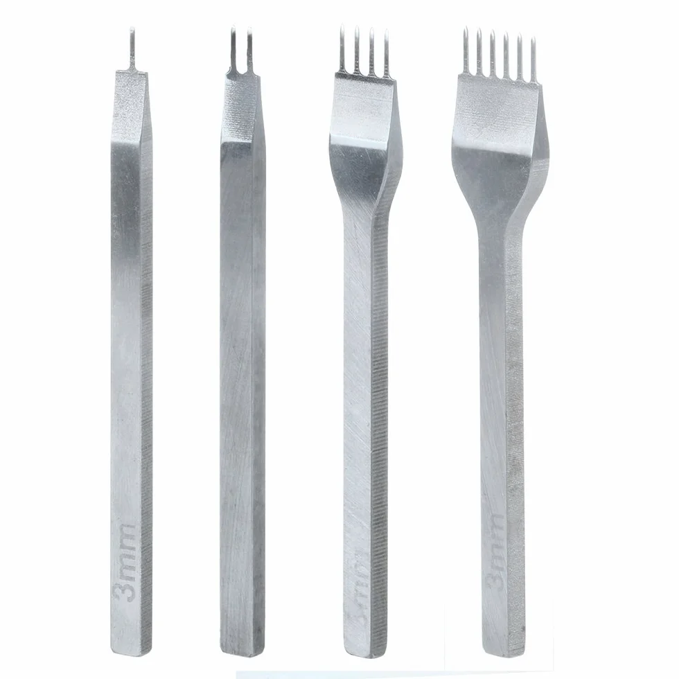 Leathercraft Tools - 4pcs Punzoni 3-6mm 1 + 2 + 4 + 6 Denti Cuciture Scalpello Tool , Strumento Pelle Punzoni Coltello per Pelletteria Foro Punzonatrice per Fai Da Te, Fare Punti di Cucitura Perforatore, Stitching Hole Punch