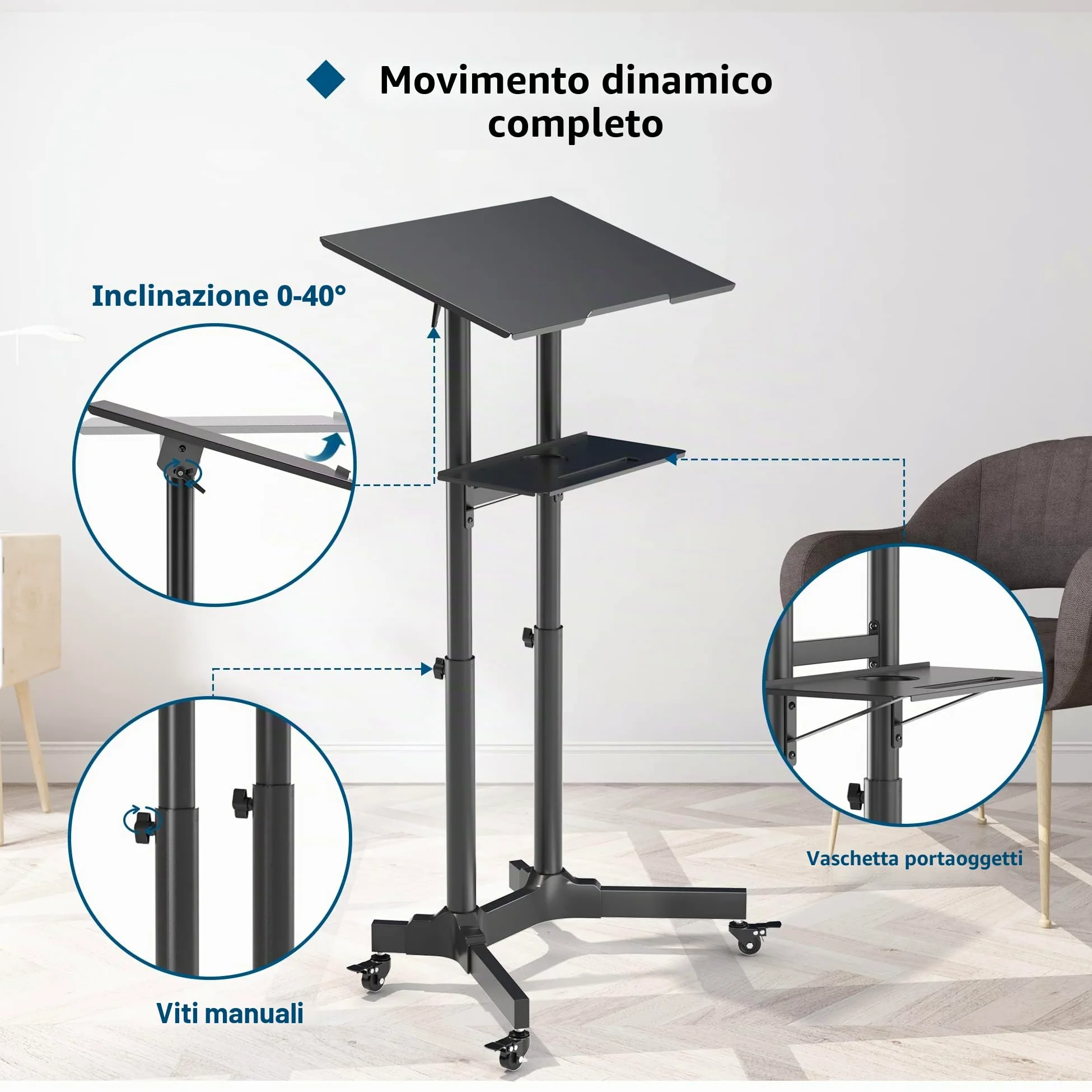BONTEC Tavolino da Laptop, Tavolino Porta PC con Ruote Bloccabili e Piano Inclinabile, Altezza Regolabile, per Lavoro Studio Tavolo del Computer Spostabile,Nero