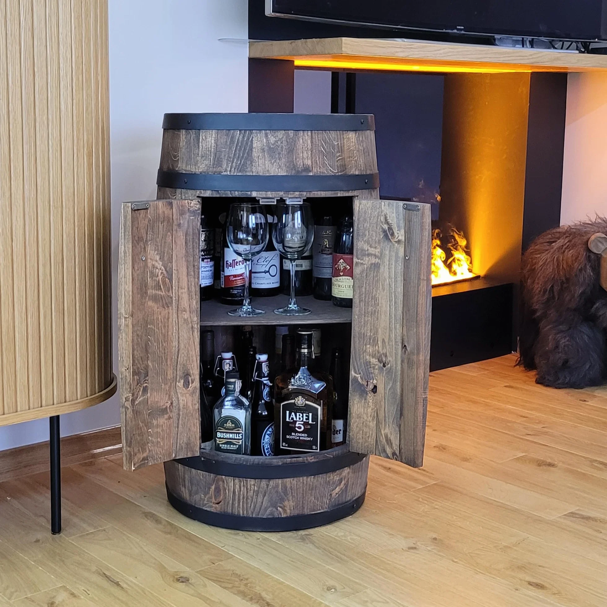 WEECO Barile con due ante, armadio per bevande, Whisky bar, Barile di vino, Cantinetta Portabottiglie in Legno, Mini Bar scaffale rotondo, Scaffale vino Botte vini, Barile Grappa, Barile da whisky