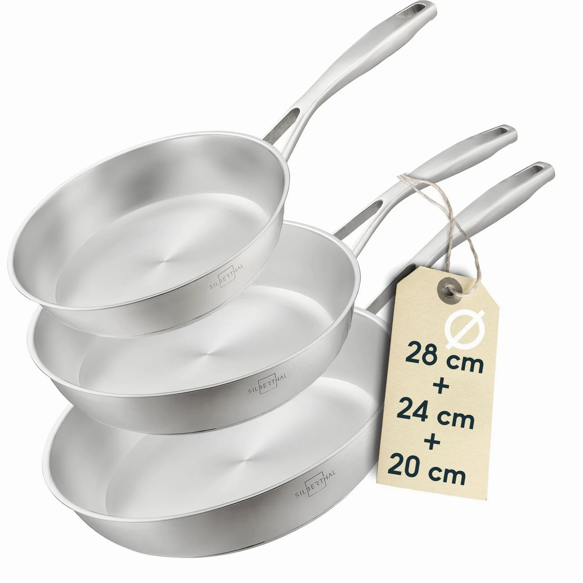 SILBERTHAL Set padelle acciaio inox 20 24 e 28 cm - Induzione gas e forno 400ºC - Senza rivestimento 18/10 - Triplo fondo