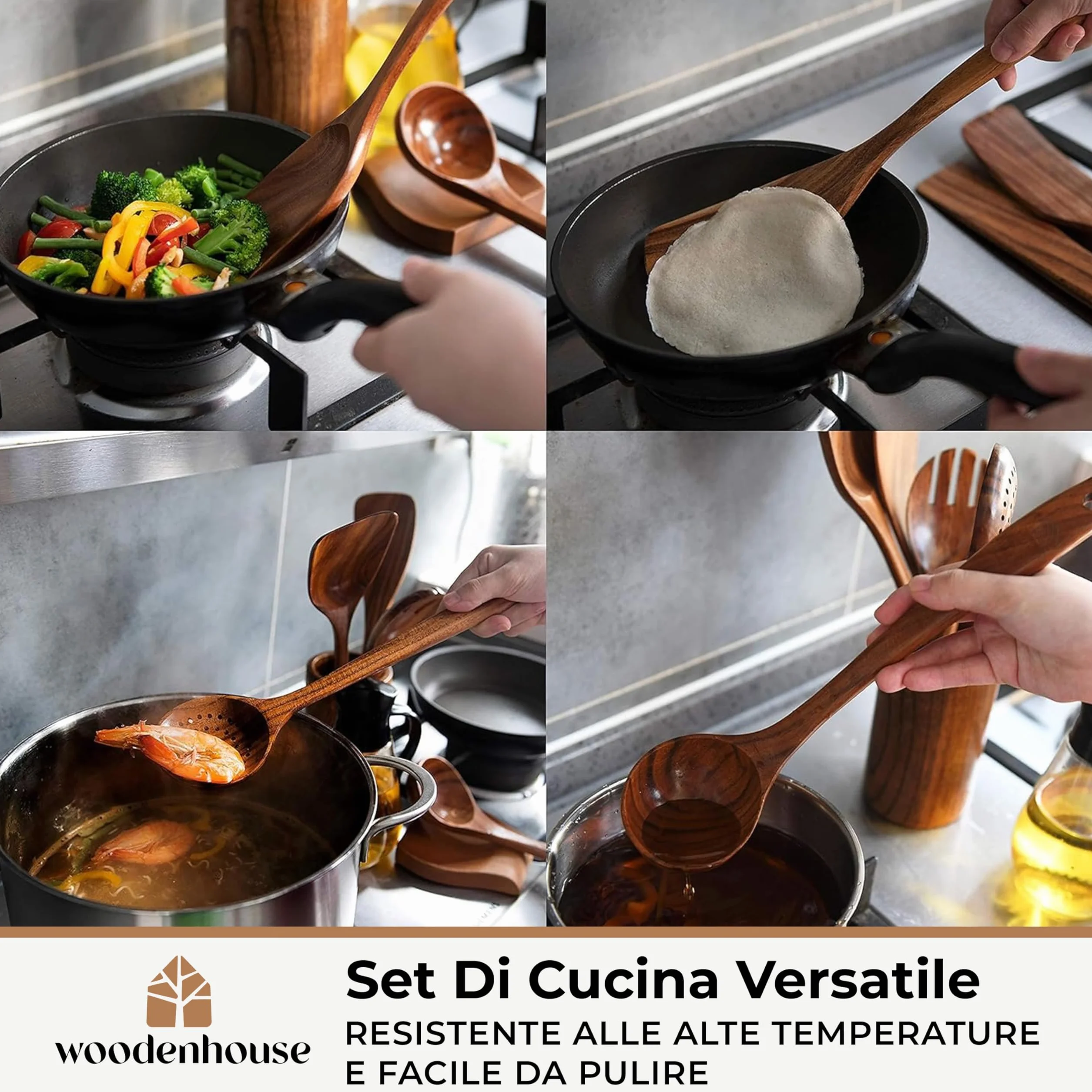Woodenhouse - Set di 12 Pezzi di Utensili da Cucina in Legno di Teak con Supporto, Porta Cucchiaio e Ganci Nonstick