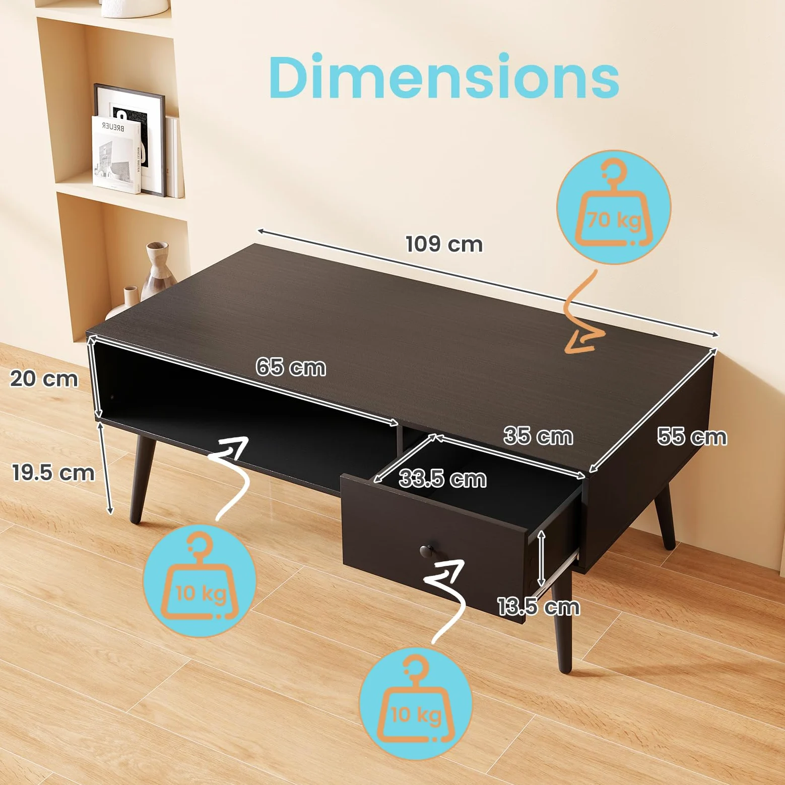 LIFEZEAL Tavolino Salotto, Tavolino da Caffè, da Divano, con 1 Cassetto, 1 Scomparto, per Soggiorno, Moderno, Basso, Salvaspazio, in Legno, Metallo, Montaggio Facile, Max 90kg, 109x55x39,5cm, Nero