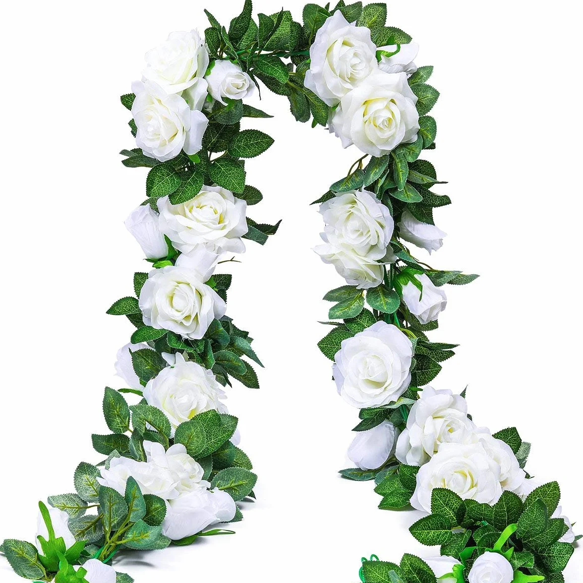 Ghirlanda di Rosa Artificiali Fiori di Seta Vite Finta Sospeso Rose Edera Piante per Nozze Casa Ufficio Arco Preparativi Decorazione (2 Pezzi, 9 Fiori -Bianca)