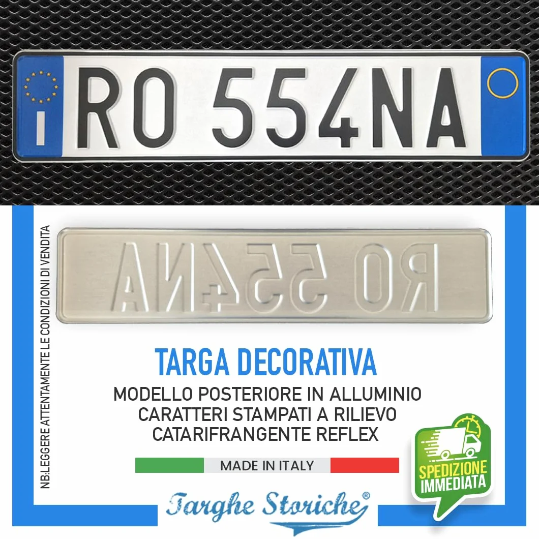 Targa Decorativa - Formato Modello Posteriore - in Alluminio Catarifrangente con Lettere e Numeri in Rilievo Punzonati, Personalizzabile, Made in Italy