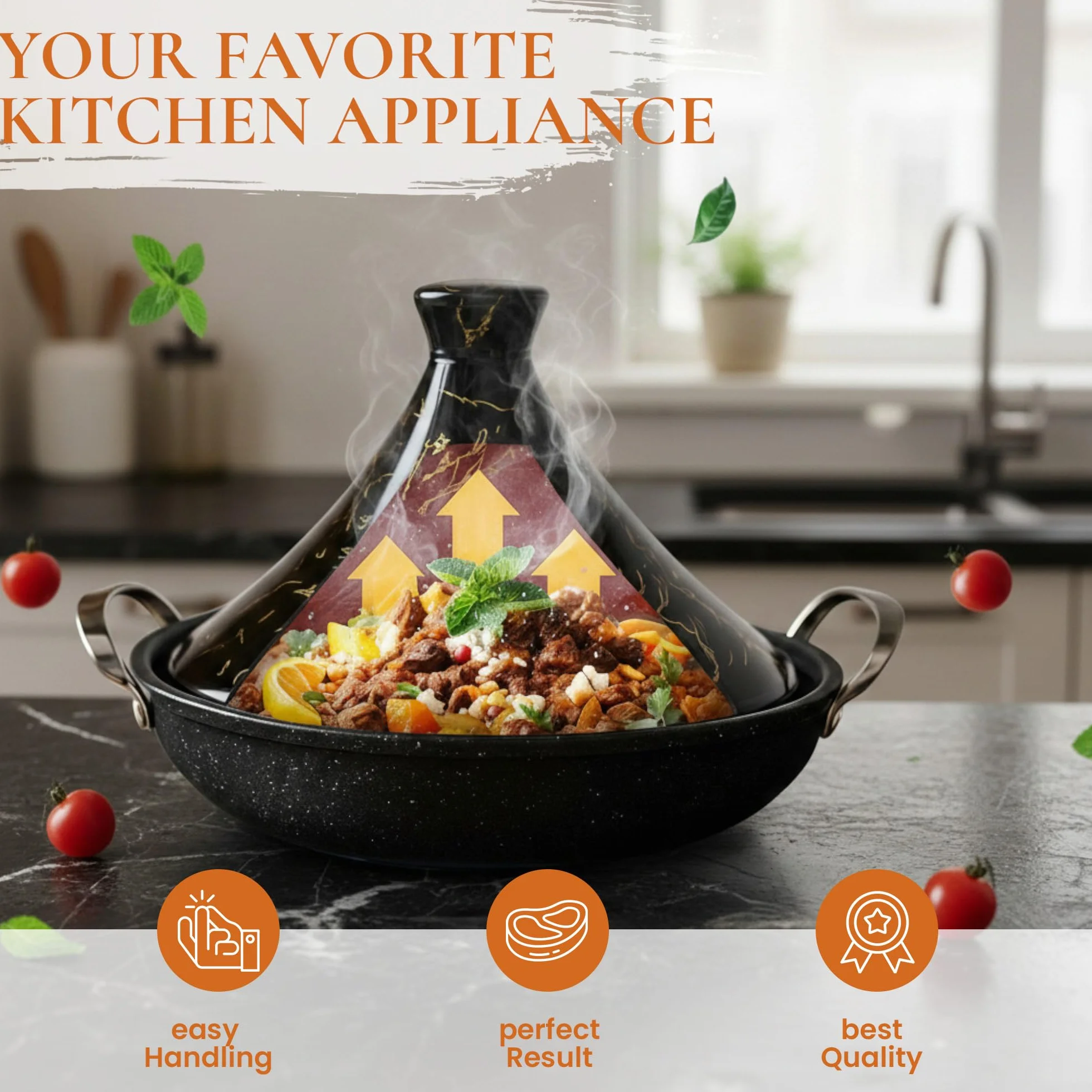 Tajine Royal Swiss - Acciaio inox antiaderente, coperchio in porcellana, per tutti i piani cottura, a induzione, a gas, elettrica, cucina sana (nero, 34 cm)