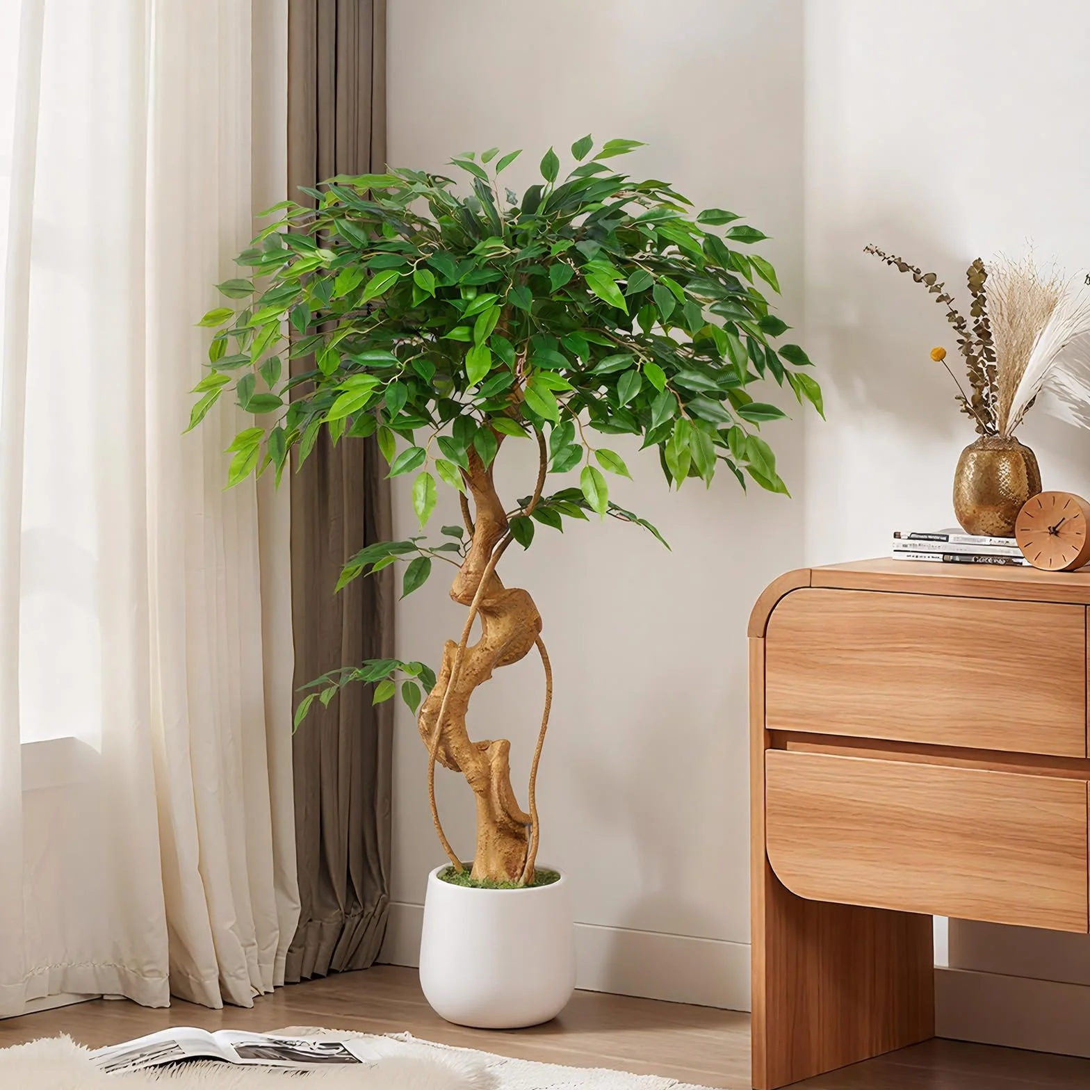 Pianta artificiale, albero di ficus, 120 cm, con vaso bianco, grande come reale, con tronco curvo e 930 foglie, albero artificiale per decorazione di interni, soggiorno, camera da letto