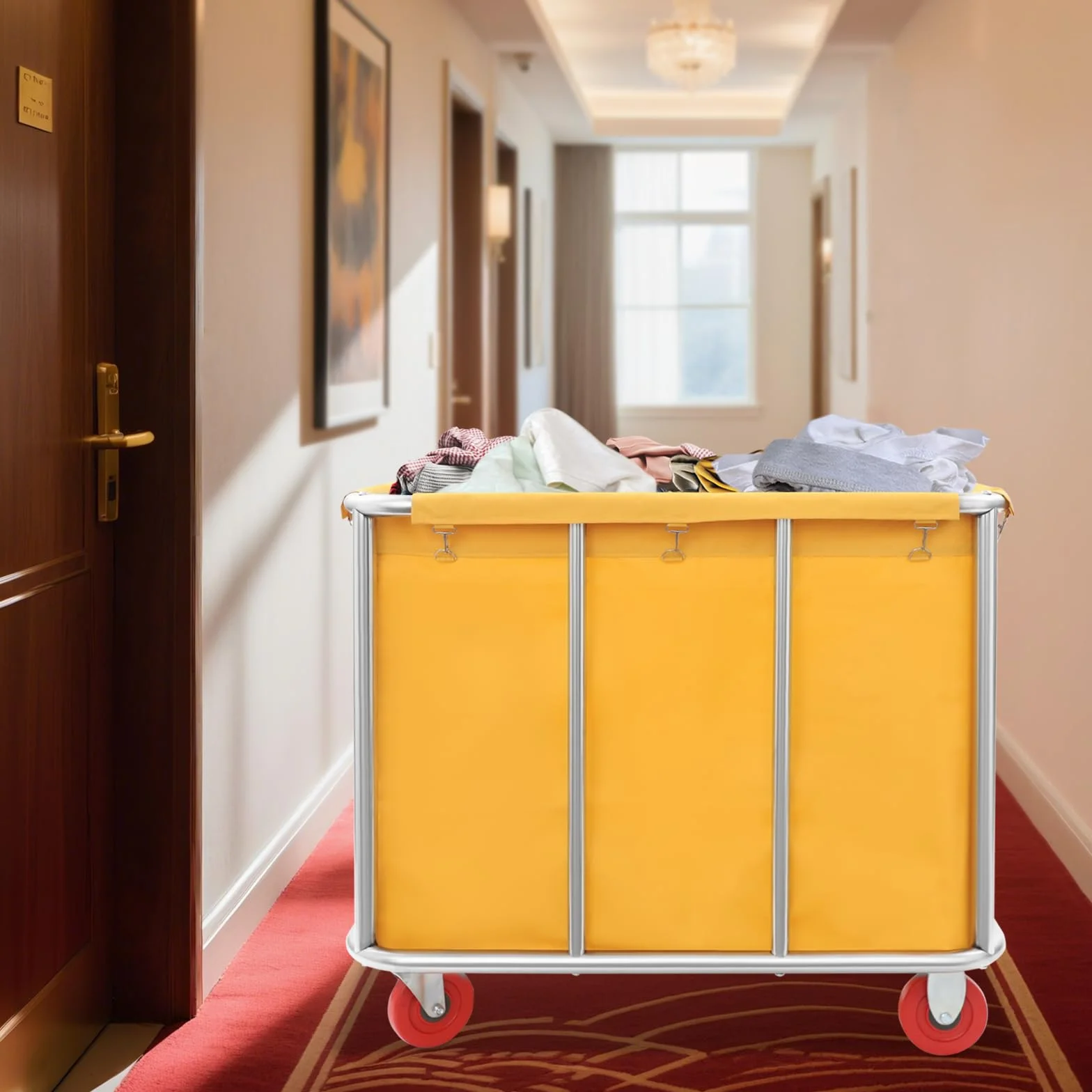Carrello per la biancheria, 90 x 65 x 80 cm, in acciaio inox, con ruote, portata fino a 200 kg, per hotel, ospedali, lavanderia (giallo)