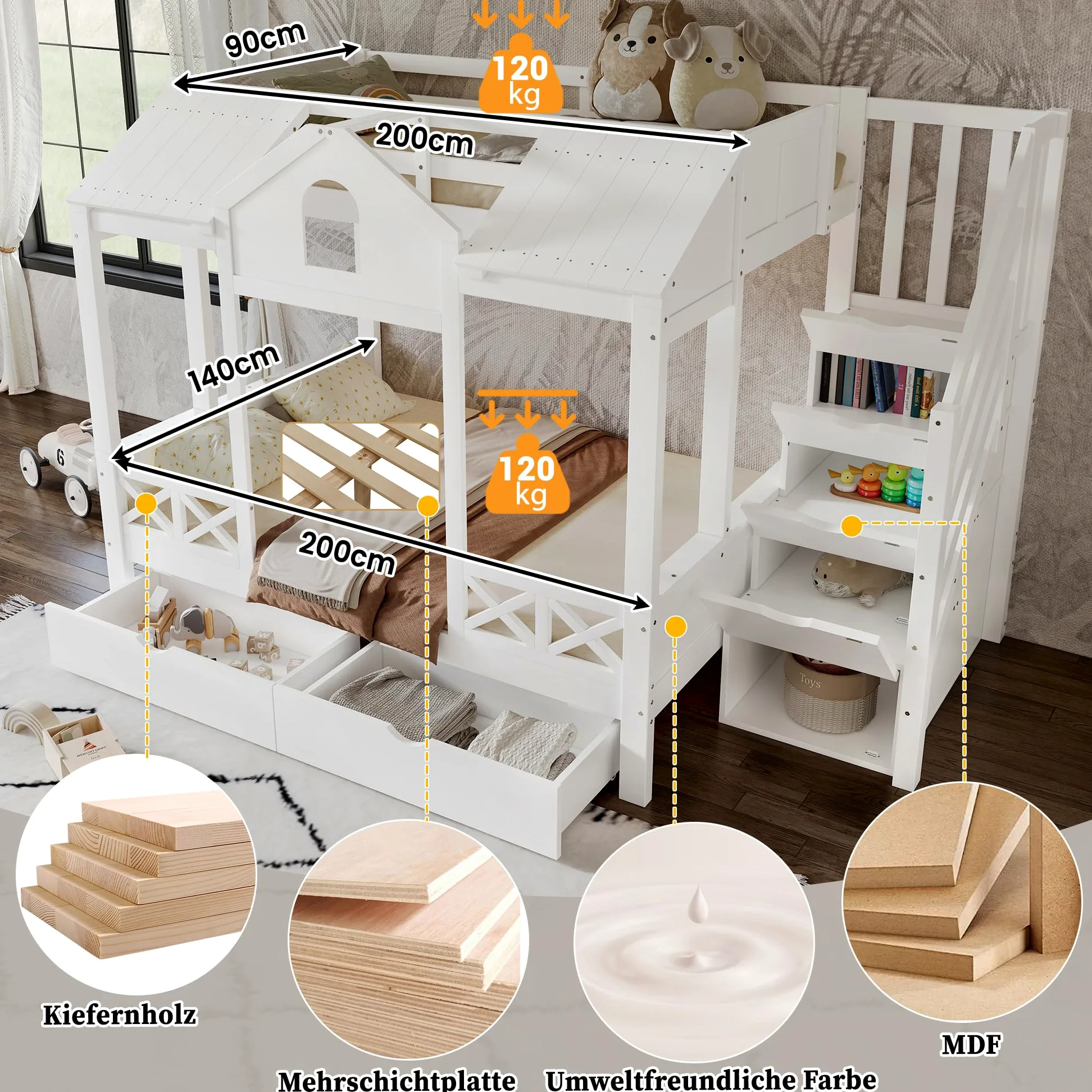 Letto a Castello per Bambini 90x200cm e 140x200cm, Letto Matrimoniale con Scala Contenitore e 2 Cassetti, Belle Finestre e Tetto, Strutture letto in Pino, Bianco(Senza materasso)