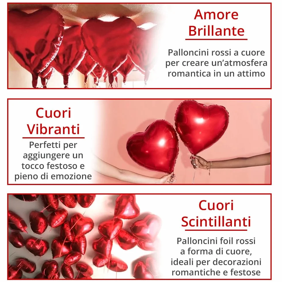 25 Palloncini a Forma di Cuore Rossi ad Elio o Aria per Decorazione Romantica, San Valentino, Anniversario Matrimonio e Fidanzamento
