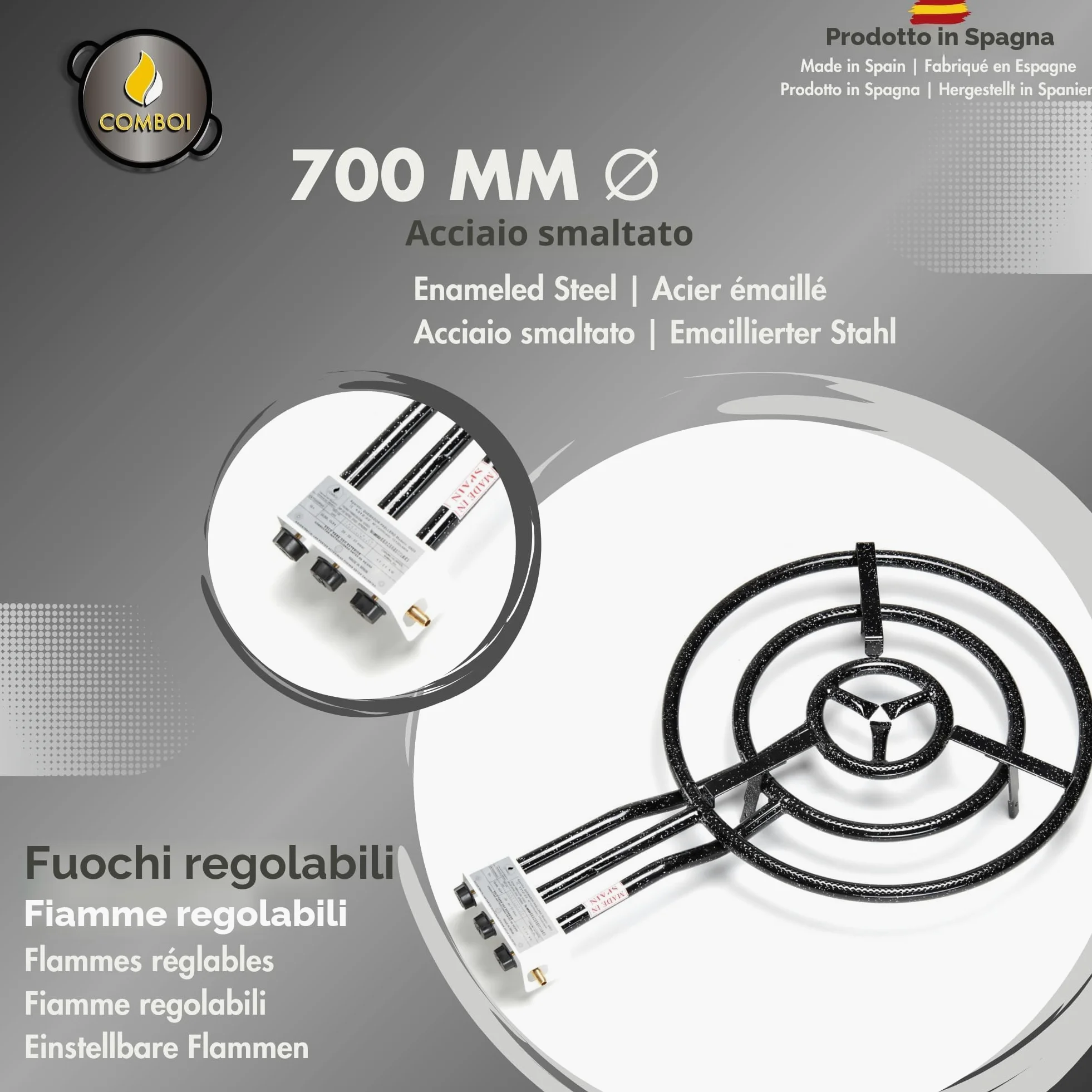 Comboi - Paellero a gas butano 70 cm, Kit Bruciatore Paellera in Acciaio Lucidato 90 cm, Supporto con Gambe Rinforzate, Livello, Grembiule, Libro di Ricette Digitale