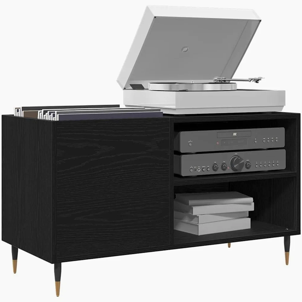 Armadietto per vinili, effetto rovere, 85 x 38 x 48 cm, in legno con 3 ripiani, porta con cerniere, stabile rack HiFi per soggiorno, ufficio e home theatre