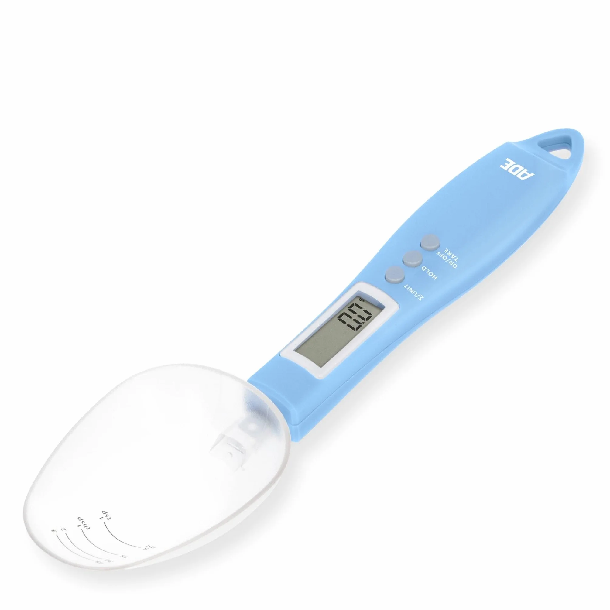 ADE Bilancia digitale a cucchiaio di precisione | bilancia elettronica a cucchiaio dosatore per pesare e dosare precisi | precisione di 0,1 grammi | anche per liquidi | con display LCD | Blu
