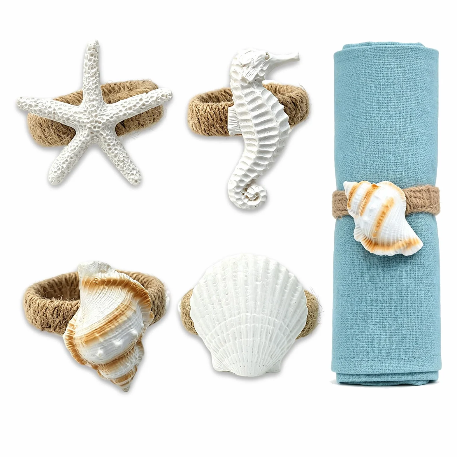Set di 4 Portatovaglioli A Tema Oceano, Rustico In Stile Costiero Anelli Portatovaglioli In Juta, Stella Marina, Cavalluccio Marino, Conchiglia, Buccino per Cene, Feste, Decorazione Da Tavolo