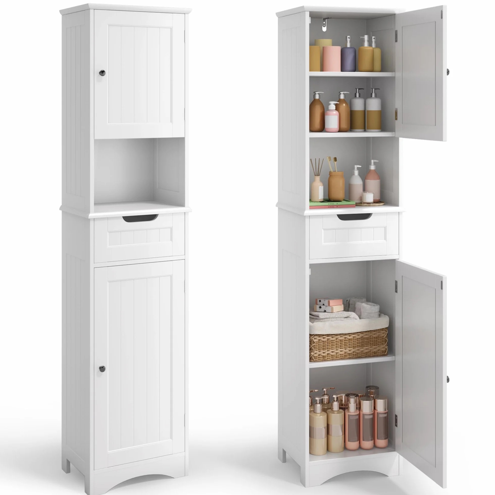 Mobiletto da Bagno Alto con Ripiani Regolabili, Cassetto, Scomparto Aperto, Porte Magnetiche e Protezione Antiribaltamento – 170 x 40 x 30 cm (Bianco)