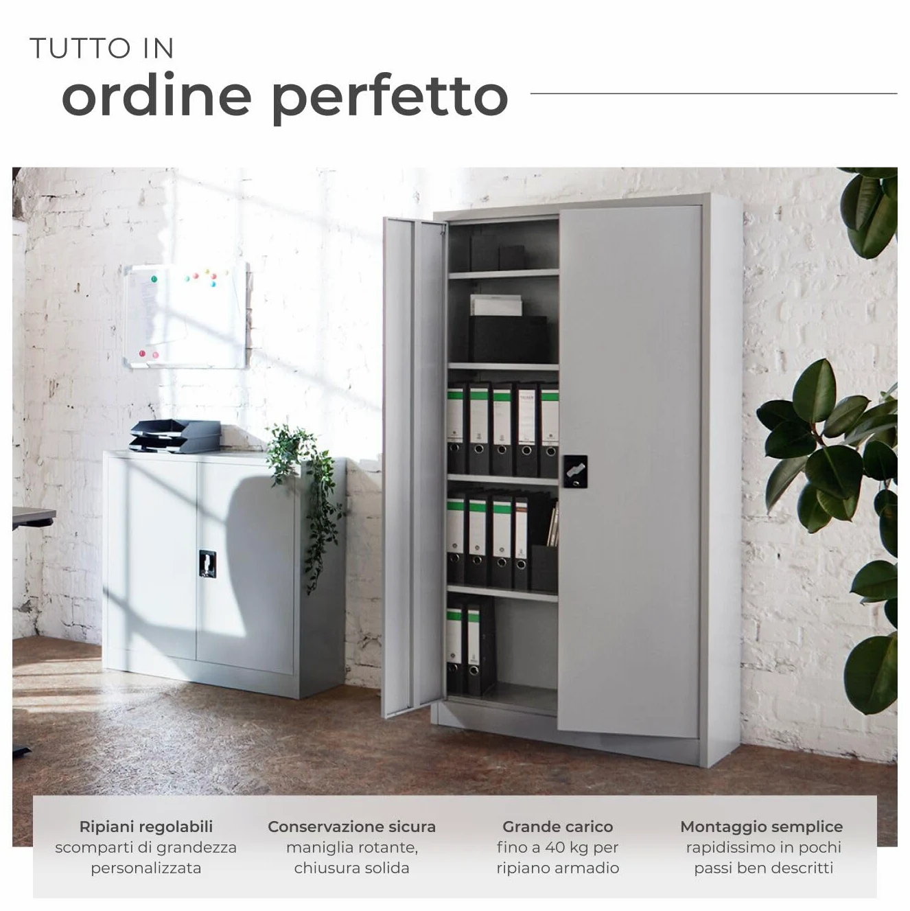 tectake® Armadio Porte Battenti, 180x80x40 cm, con 2 Ante e 5 Ripiani, Mobile con Serratura Chiave, Armadietto Portadocumenti e Faldoni per Ufficio in Metallo, Mobili Ufficio, Archivio - Grigio