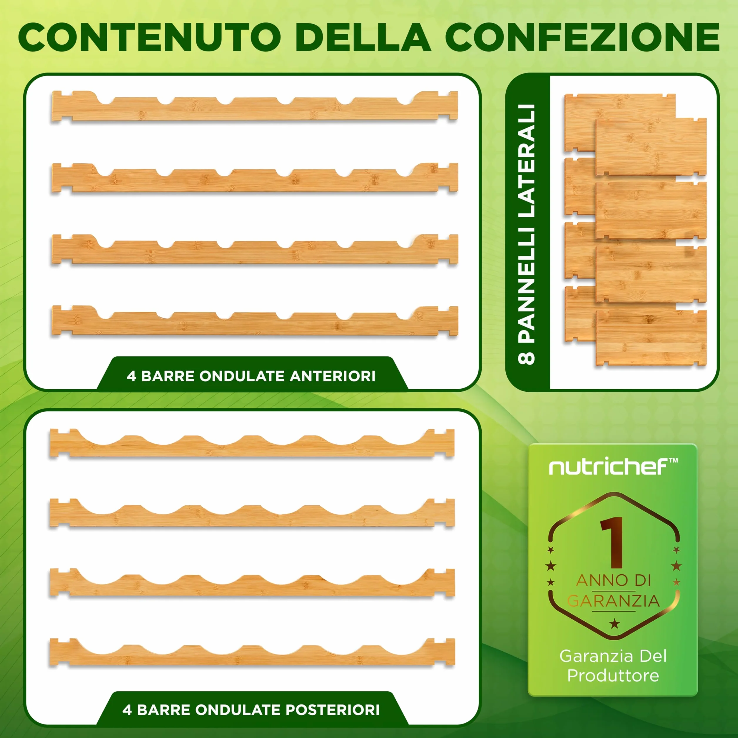 NutriChef Portabottiglie Vino Modulare in Bambù, Cantinetta Vino Legno Impilabile a 4 Ripiani per 24 Bottiglie Formato Magnum (Diametro 10 cm), Design a Croce 2x