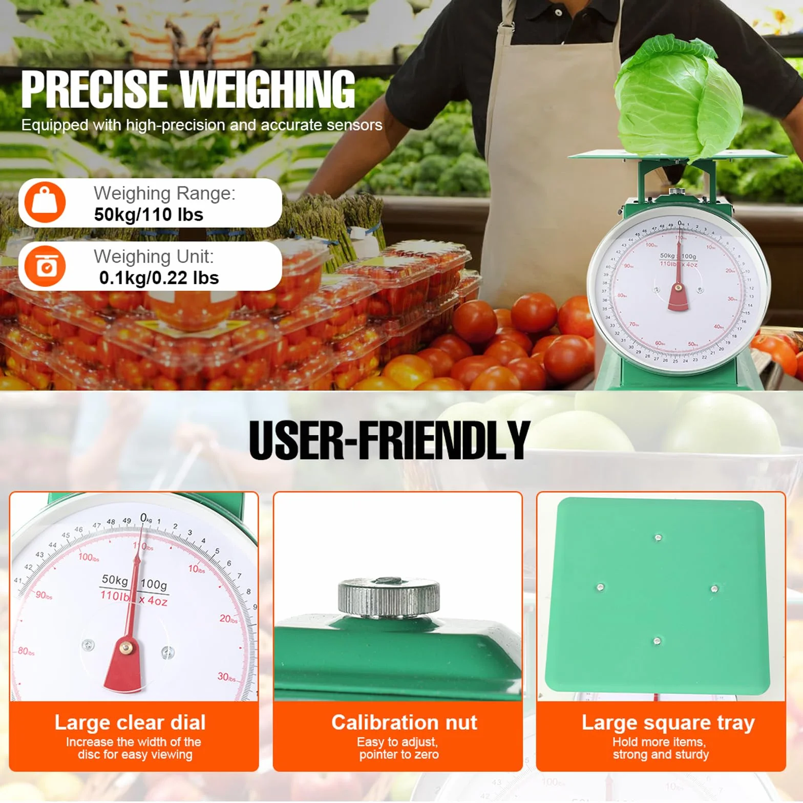 Bilancia meccanica resistente per cucina e cibo, con quadrante industriale, con piattaforma in acciaio inox, 50 kg