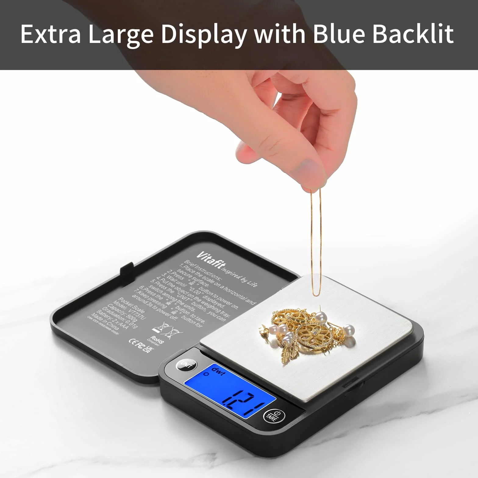 Vitafit Tascabile Digitale 500g/0,01g con Tara e Calibrazione Alimenti Pesa Bilance, Mini Bilancia di Precisione Digitale per Cucina Gioielli Oro Bilancia, 11x8.2cm, Nera