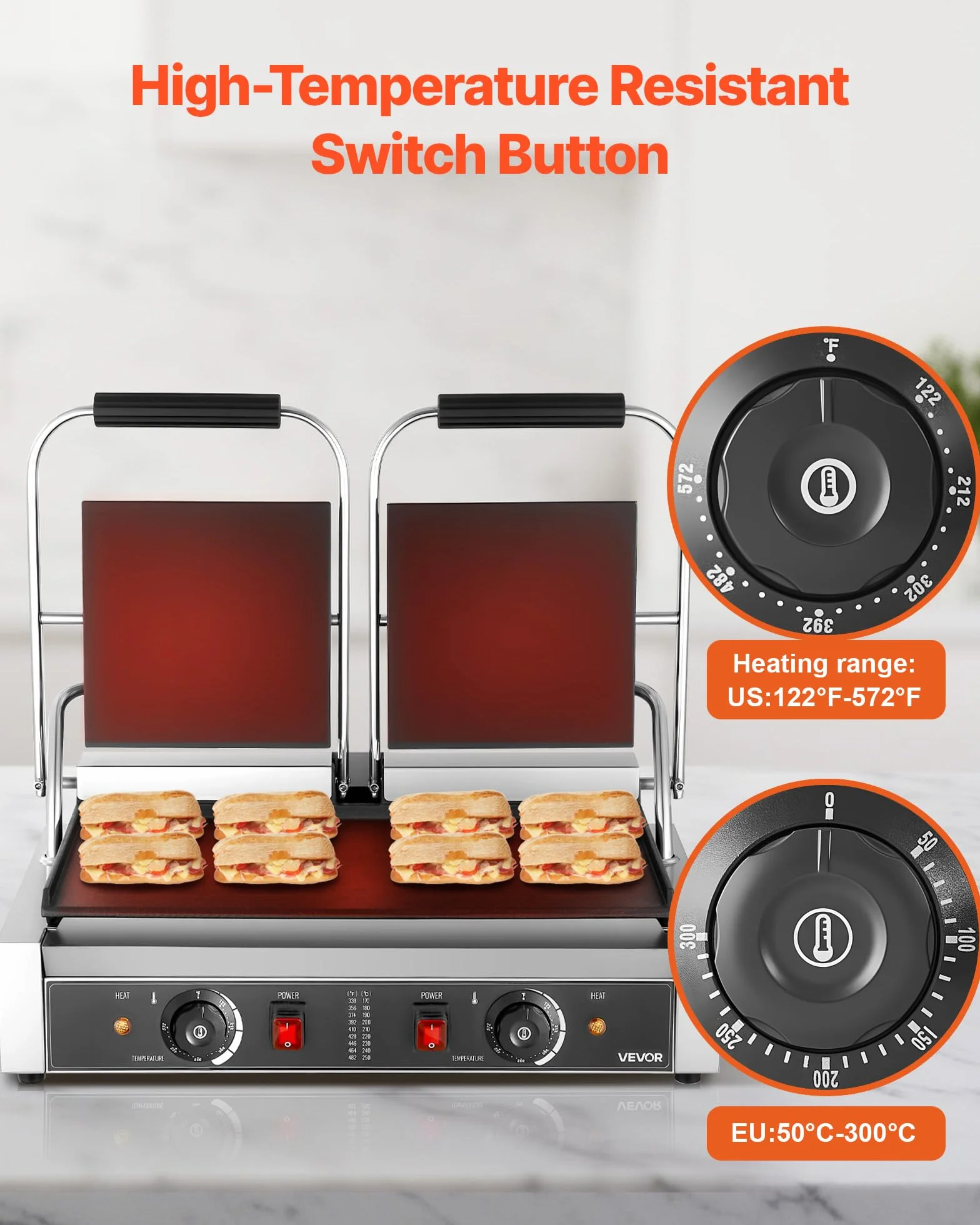 VEVOR 3600W Grill elettrico per panini,doppia piastra per panini con piastra smaltata piatta da 48,5x23 cm,piastra per panini in acciaio inox,controllo della temperatura,per hamburger,bistecche,cucina