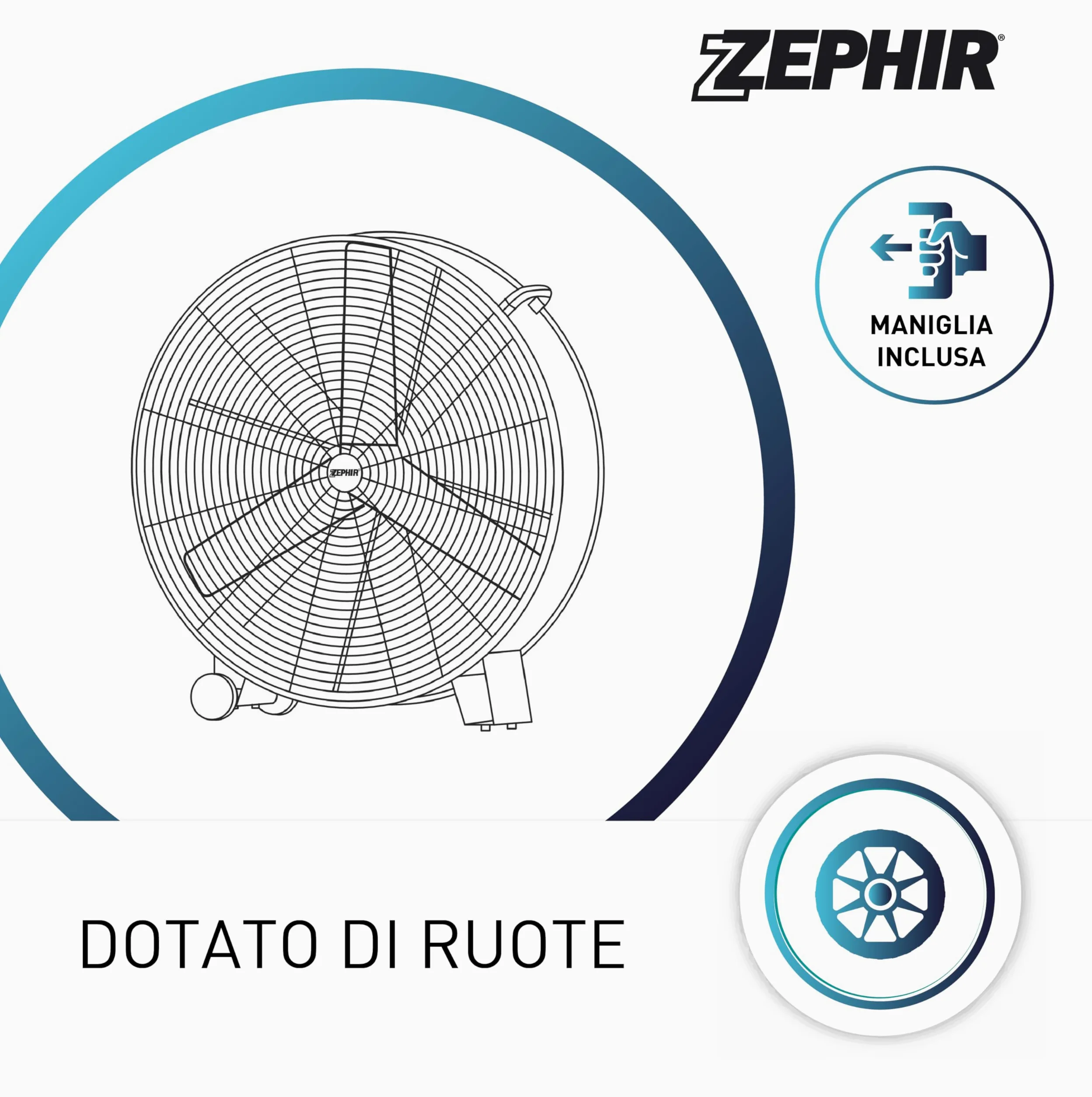 Zephir ZDM90CM Ventilatore Industriale da Terra Professionale con Ruote Struttura Interamente in Metallo Superpotente Pala 90 cm Gabbia 3 velocità selezionabili Motore da 360W, Nero