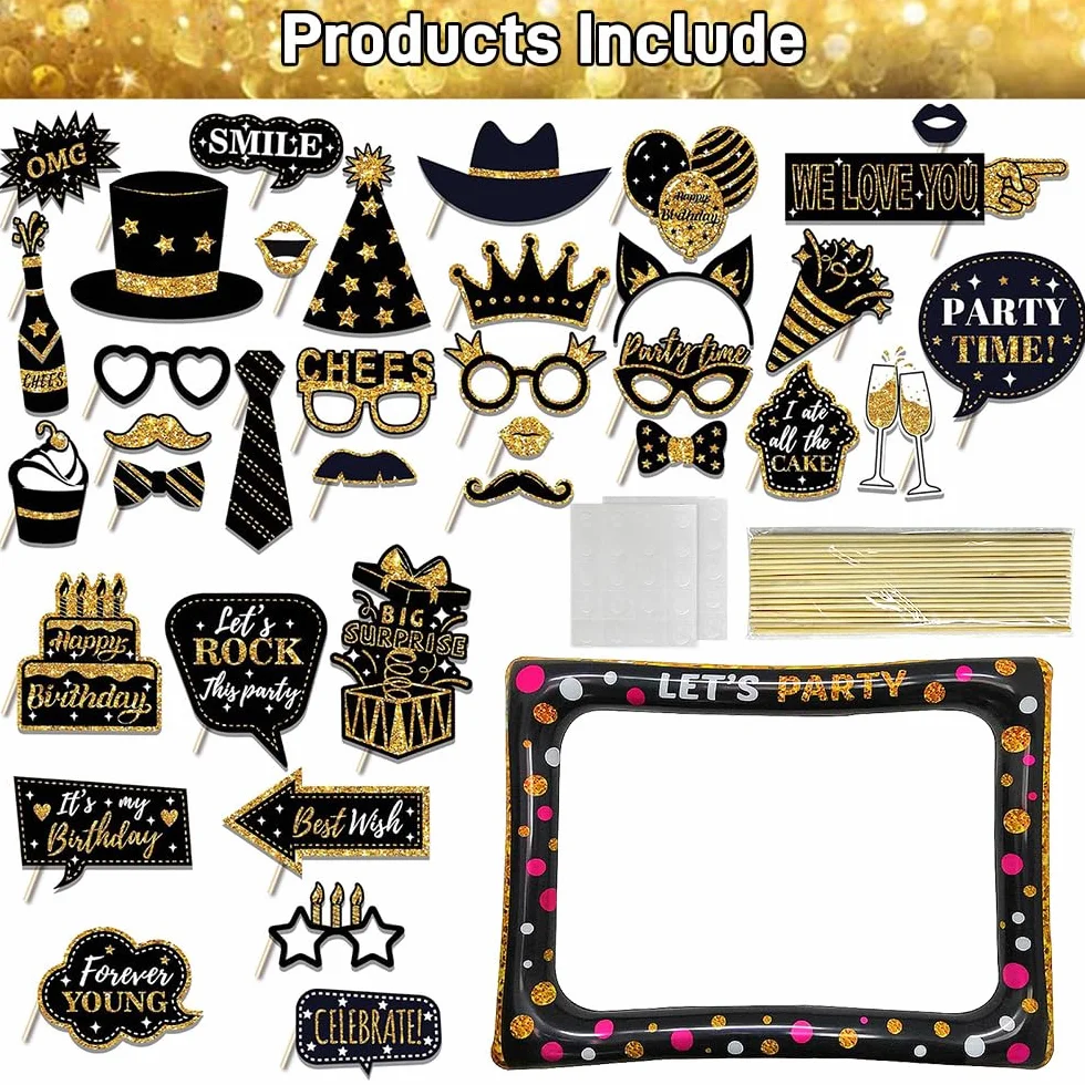 37 Pezzi Cornice per Foto Compleanno, Oro Nero Photo Booth Kit, Cornice per Selfie, Accessori Fai da Te per Festa