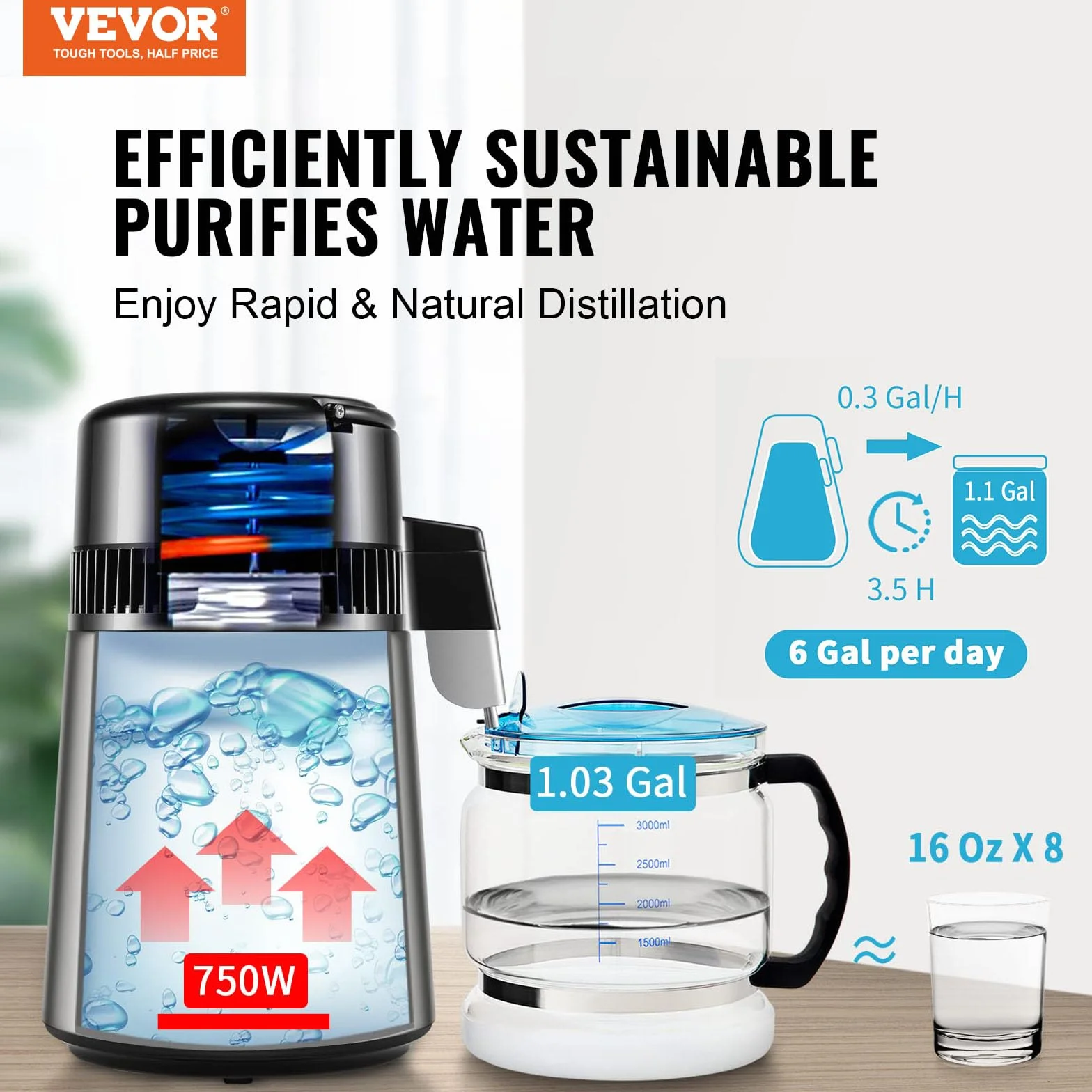 VEVOR Distillatore d'Acqua 4L Macchina per Acqua Distillata 1L/h 750W, Macchina per Distillare Acqua Uso Alimentare Contenitore Interno Vetro Acciaio Inox per Purificazione Acqua Casa Ufficio Clinica