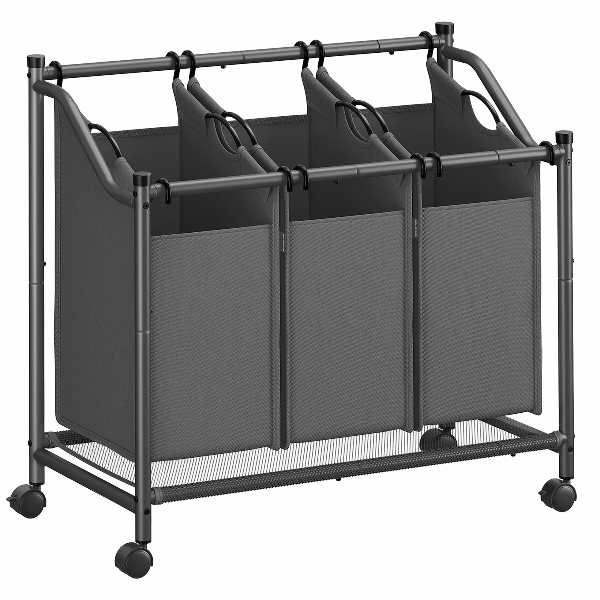 SONGMICS Carrello Portabiancheria, Cesto Porta Biancheria con 3 Sacchi Rimovibili, Carrello per Lavanderia, Camera da Letto, Bagno, 3 x 45 L, Grigio Ardesia RLS102G01