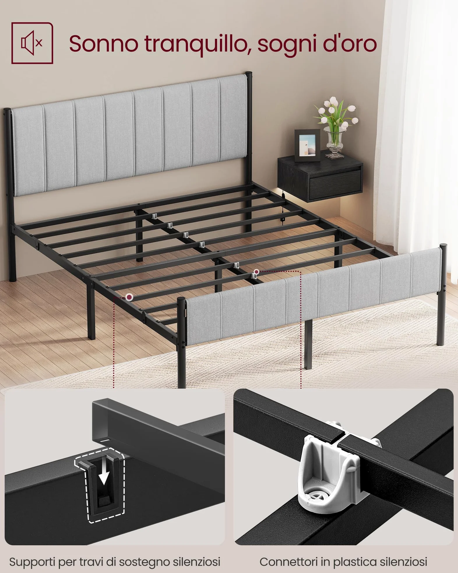 VASAGLE Struttura Letto Matrimoniale, 160 x 200 cm, con Testiera Imbottita, Telaio del Letto, Doghe in Acciaio, Regge fino a 500 kg, Montaggio Facile, Grigio Tortora RMB975G01