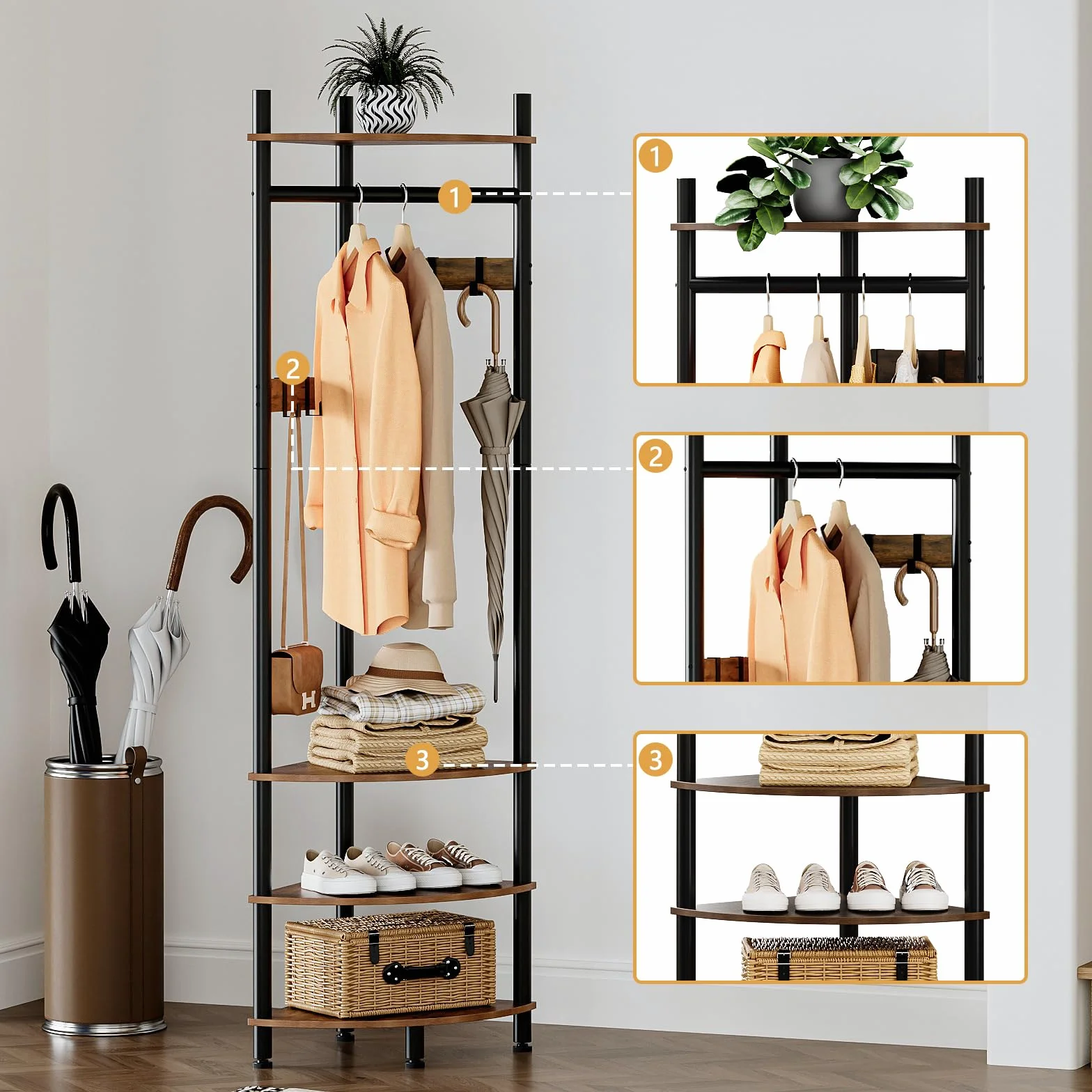 VEDECASA Appendiabiti ad albero ad angolo con ripiani a 4 livelli e panca per scarpe, autoportante, ad angolo, con 6 ganci mobili, organizer industriale in legno, marrone