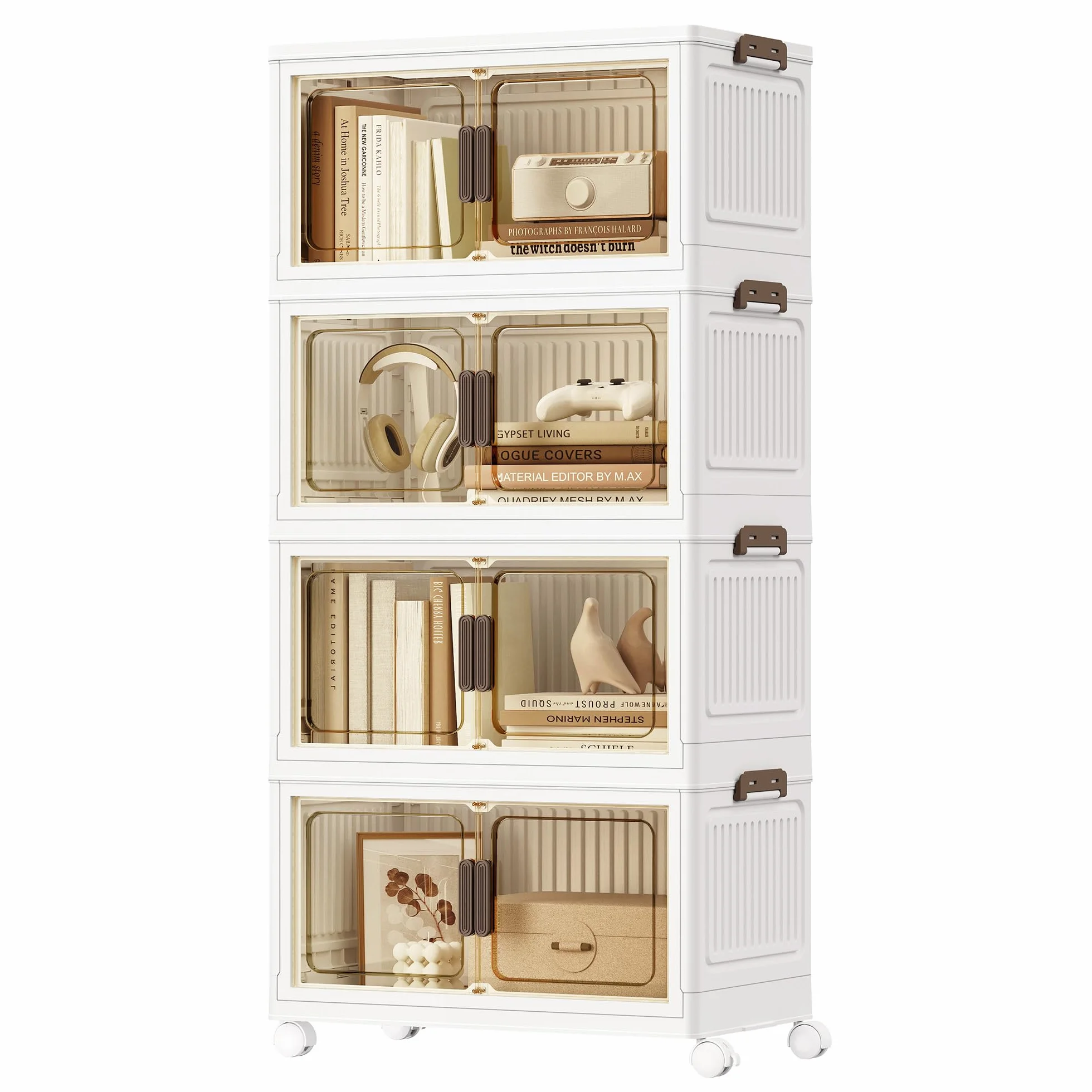 SONGMICS Contenitori 4 Livelli 55 L Organizer Armadio con Coperchio Scatole Plastica Impilabili con Ruote Sportello Magnetico Bianco