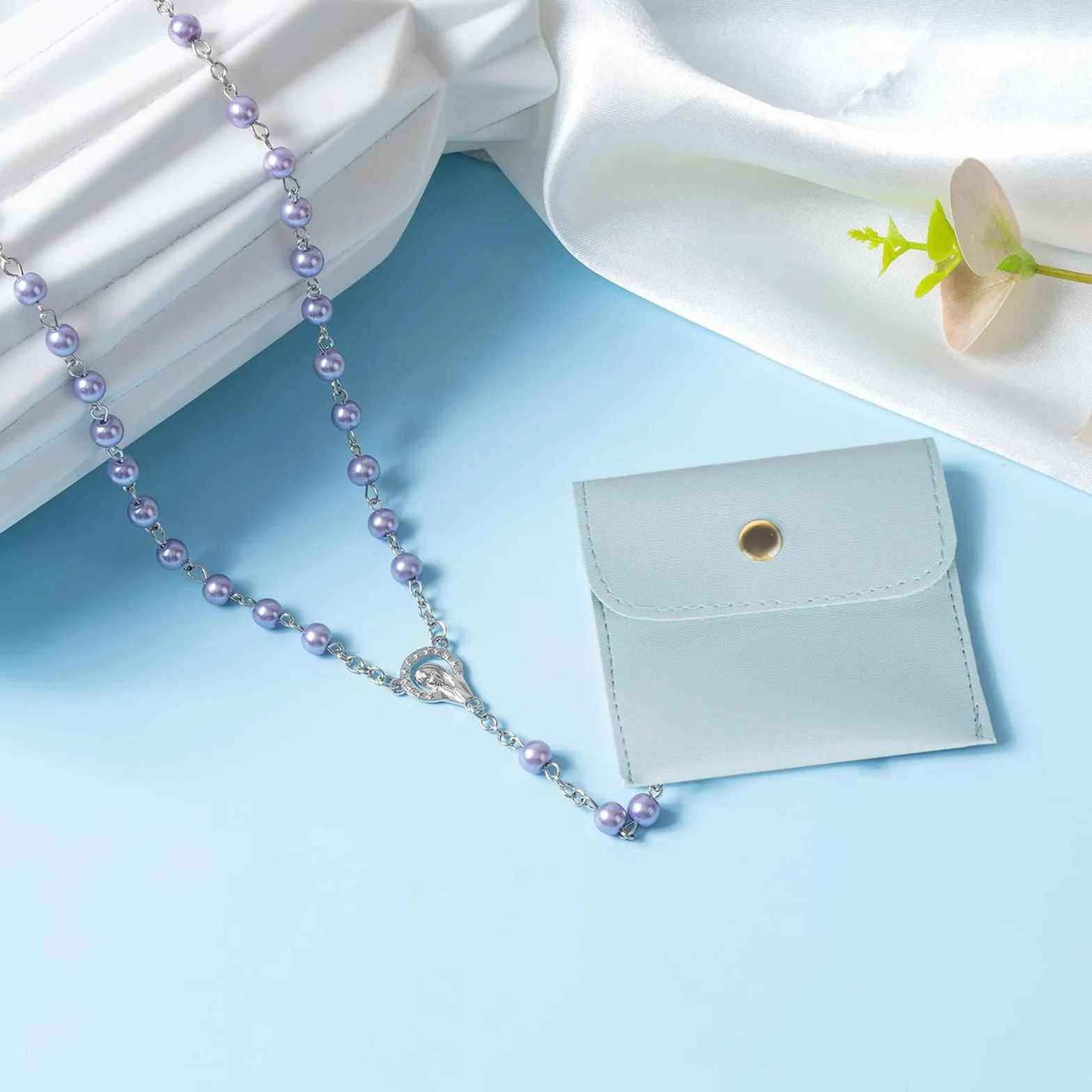 Rosario cattolico, rosario per comunione con croce retrò, sacchetto regalo in velluto, elegante croce. battesimo, comunione, matrimonio, comunione, festa (lilla)