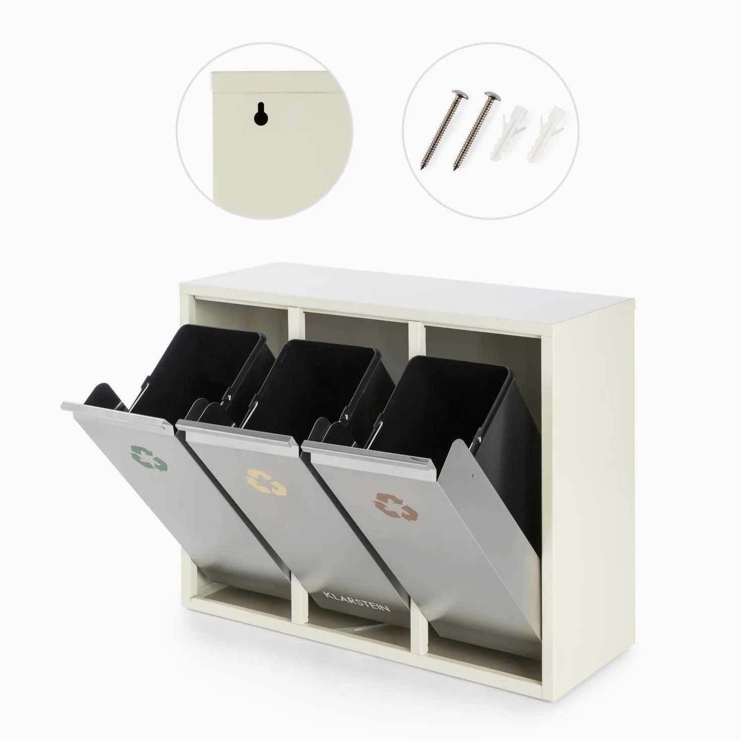 KLARSTEIN Ordnungshüter 3 - Pattumiera, Bidone Immondizia, Raccolta Differenziata, 3 Scomparti, 45 Litri (3 x 15 L), Chiusura Ermetica trattieni Odori, Acciaio Inox, Beige-Crema