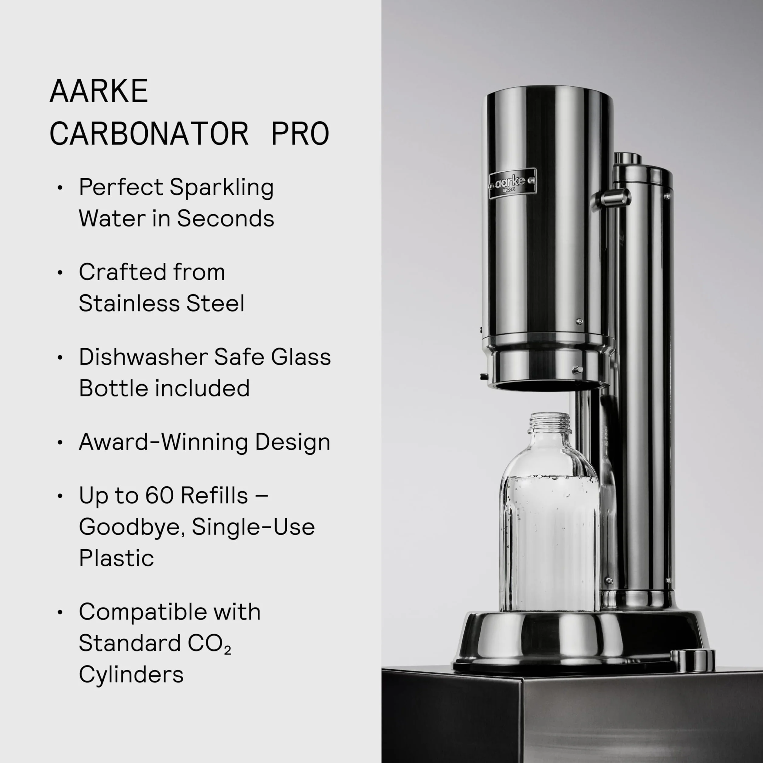 Aarke Carbonator Pro, Gasatore d’acqua con Bottiglia di Vetro, Finitura Acciaio