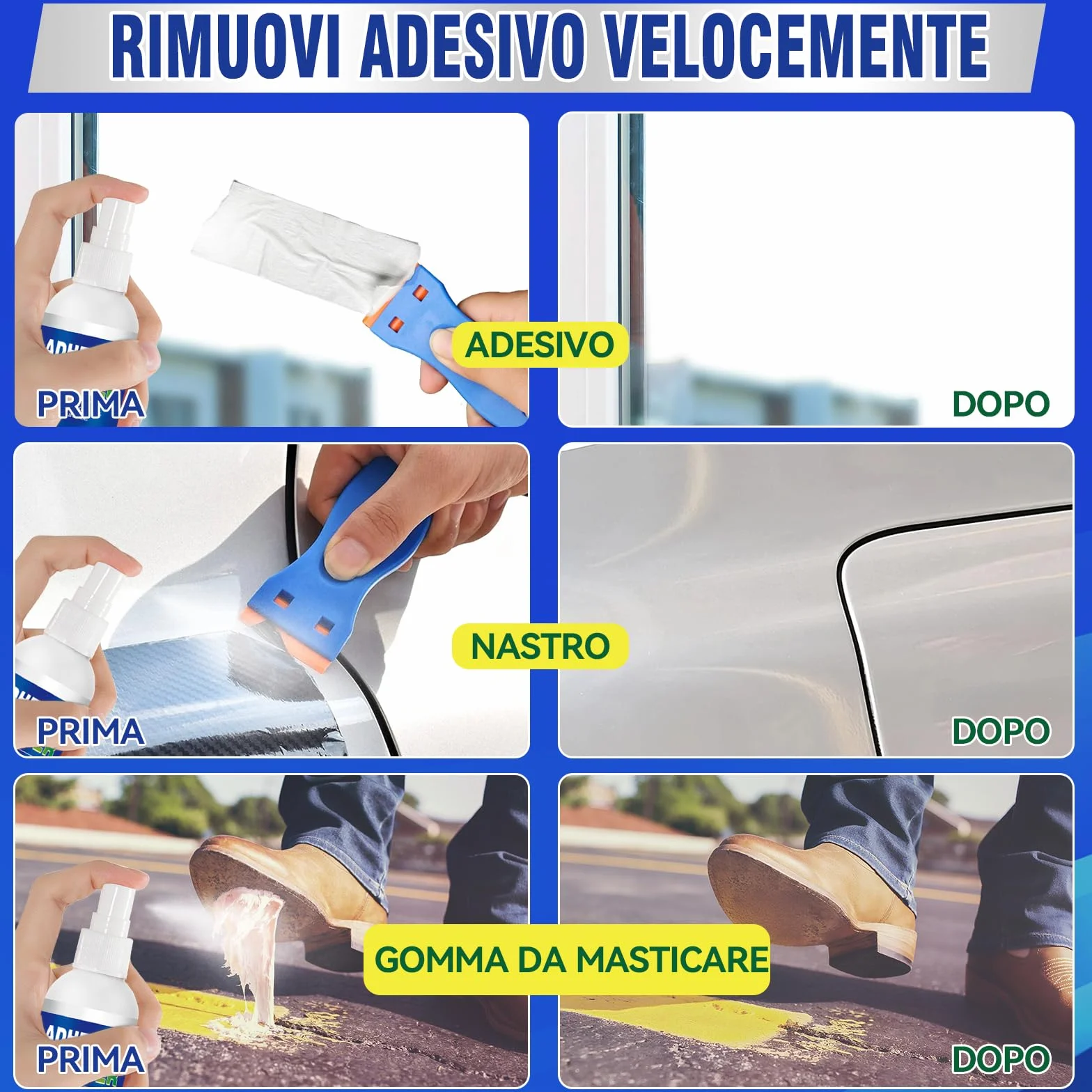 Rimuovi Colla Spray, Potente Rimuovi Colla Adesivi Pulizia dei Residui Appiccicosi, Rimuovi Silicon per Etichette, Adesivi, Nastro Adesivo da Finestre, Vetri, Auto, Legno, Metallo Superfici Multiple