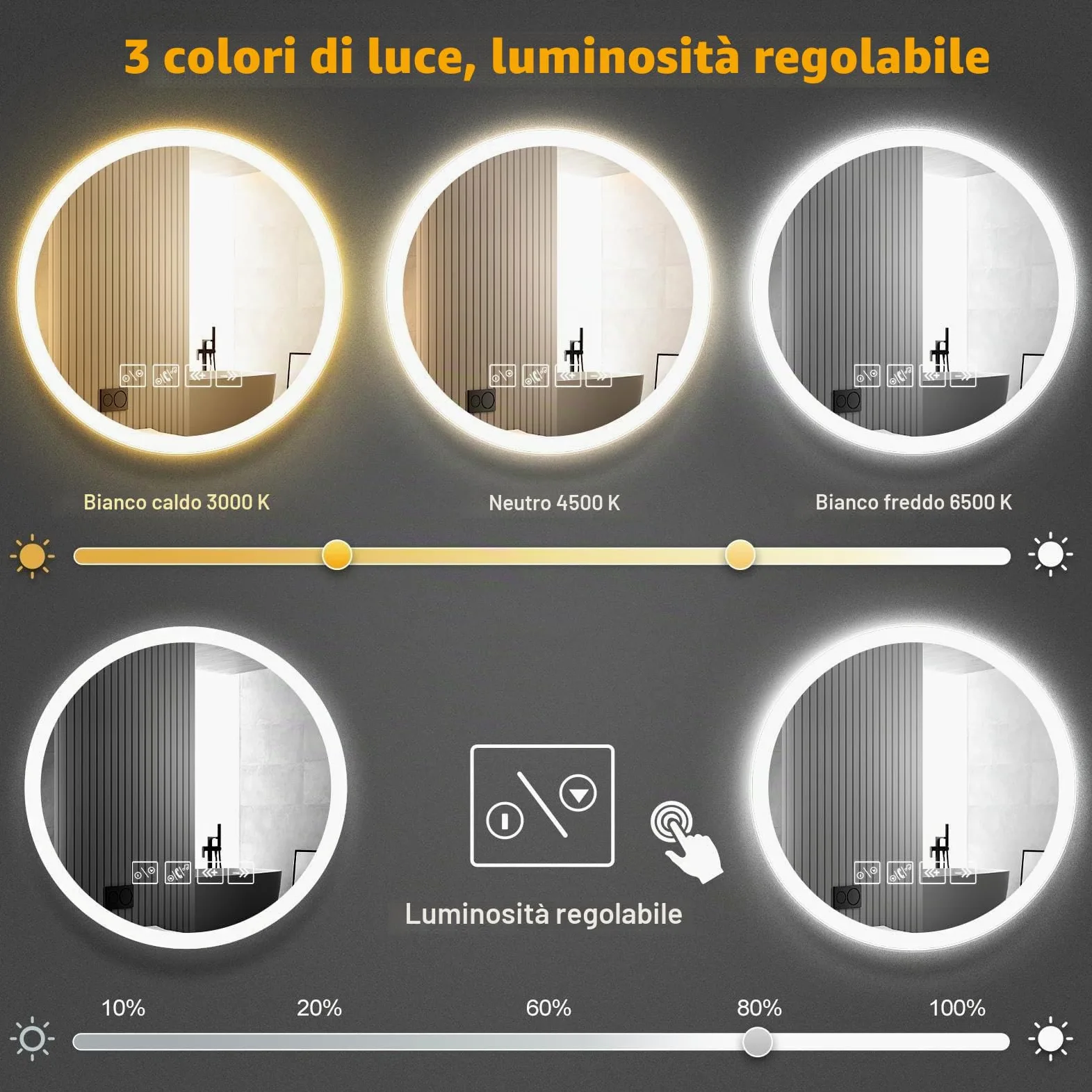 Specchio Bagno con Luce, Rotondo 60cm con Luce Regolabile, Bluetooth, Antiappannamento, Vetro Temperato HD – Funzione Memoria e Riproduzione Musicale