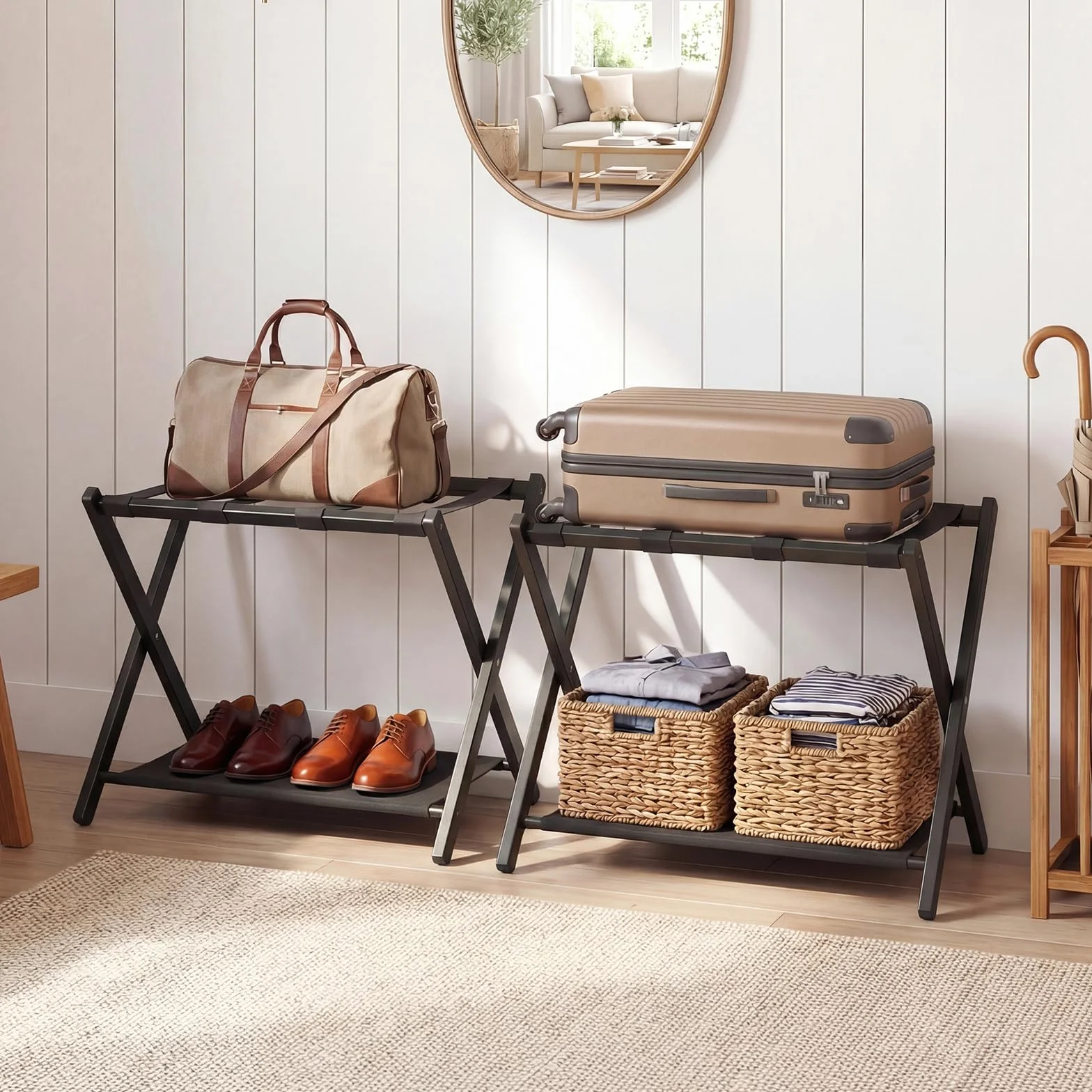COSTWAY 2 Pz Portavaligia Pieghevole in Bamboo con Cinghie, Tessuto Oxford, Portata 65 kg, Nero
