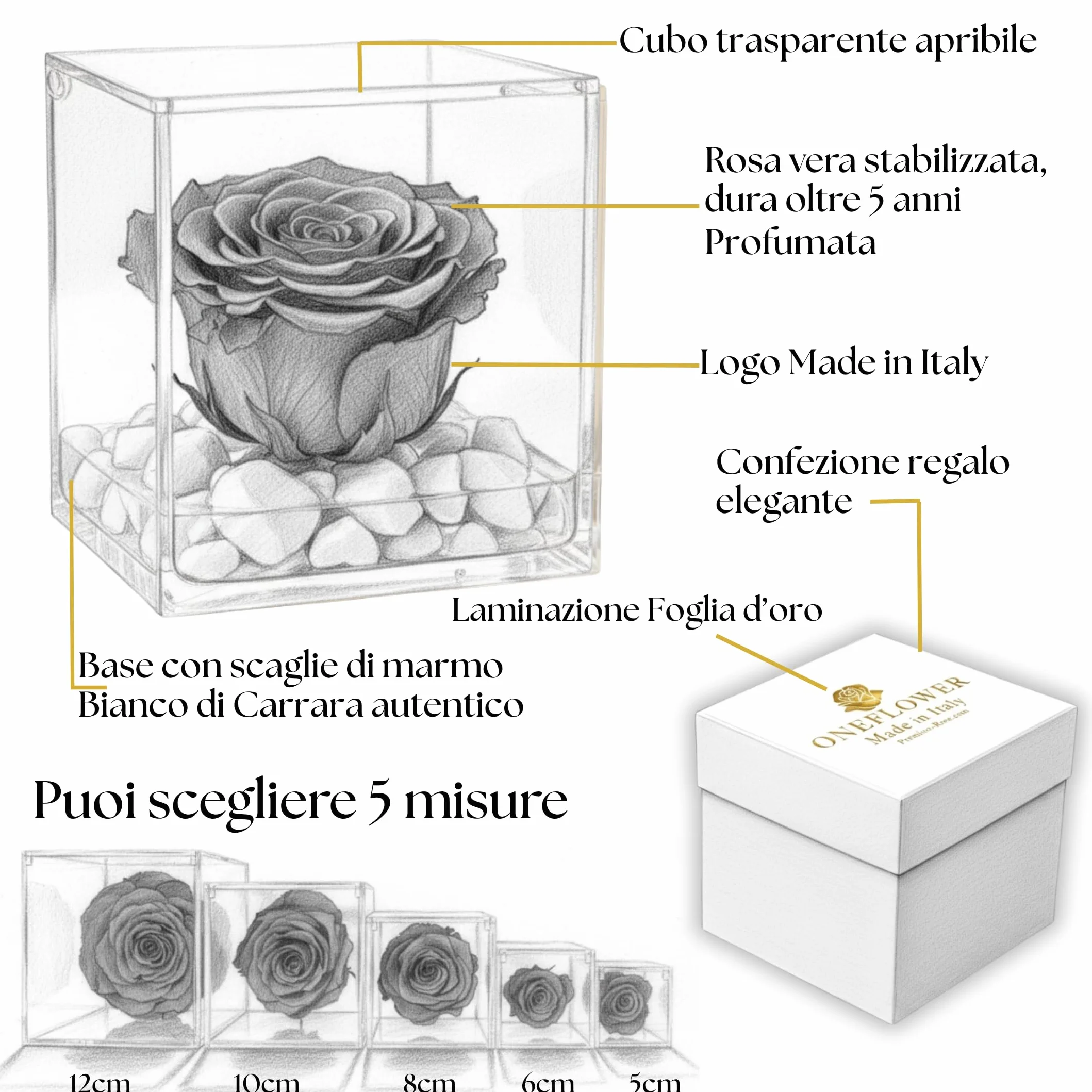 Cubo Rosa Stabilizzata Rossa 6 cm con Marmo di Carrara - Rosa Eterna Idea Regalo San Valentino Festa Mamma Made in Italy
