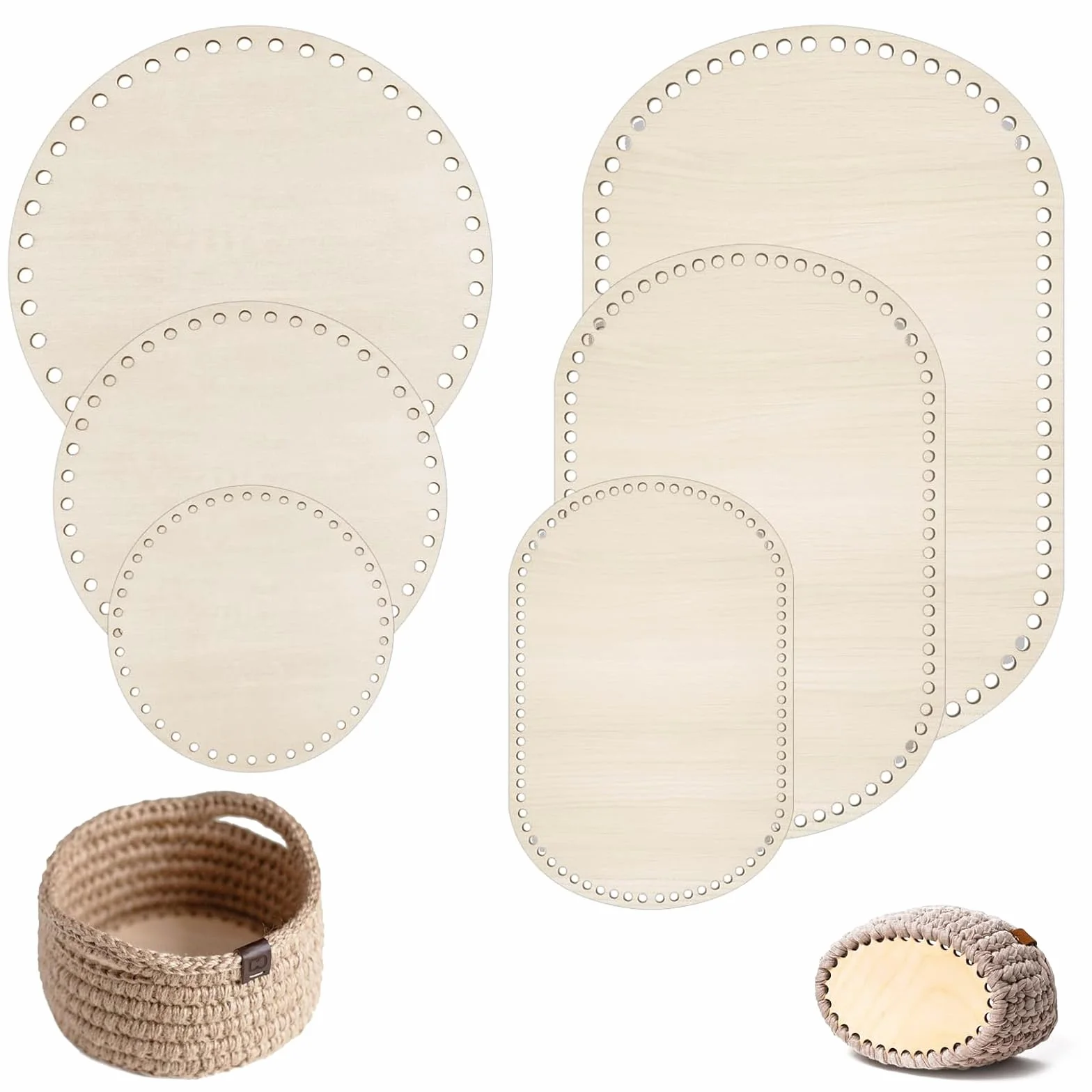 Base in Legno per Uncinetto Set 6 Pezzi 5 Misure 2 Forme Rotonde e Rettangolari