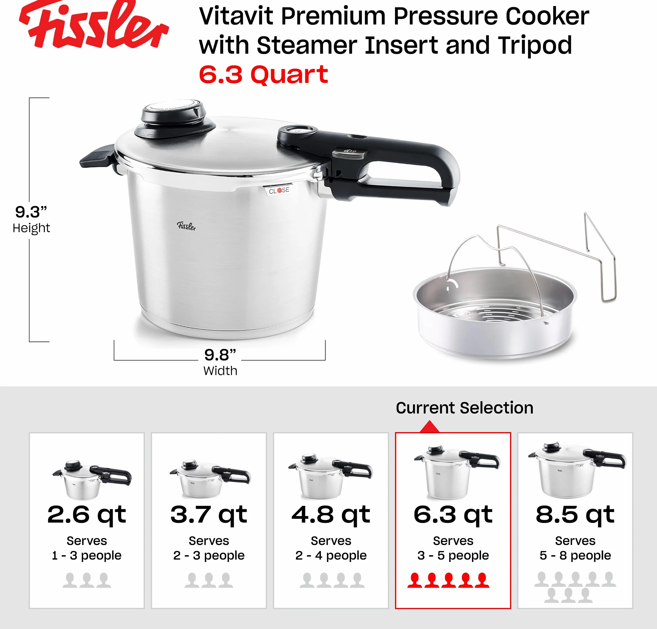 Fissler Vitavit Premium Pentola a pressione in acciaio inox 6 L, 22 cm, 4 livelli di cottura, incluso inserto, adatta a fornelli a induzione
